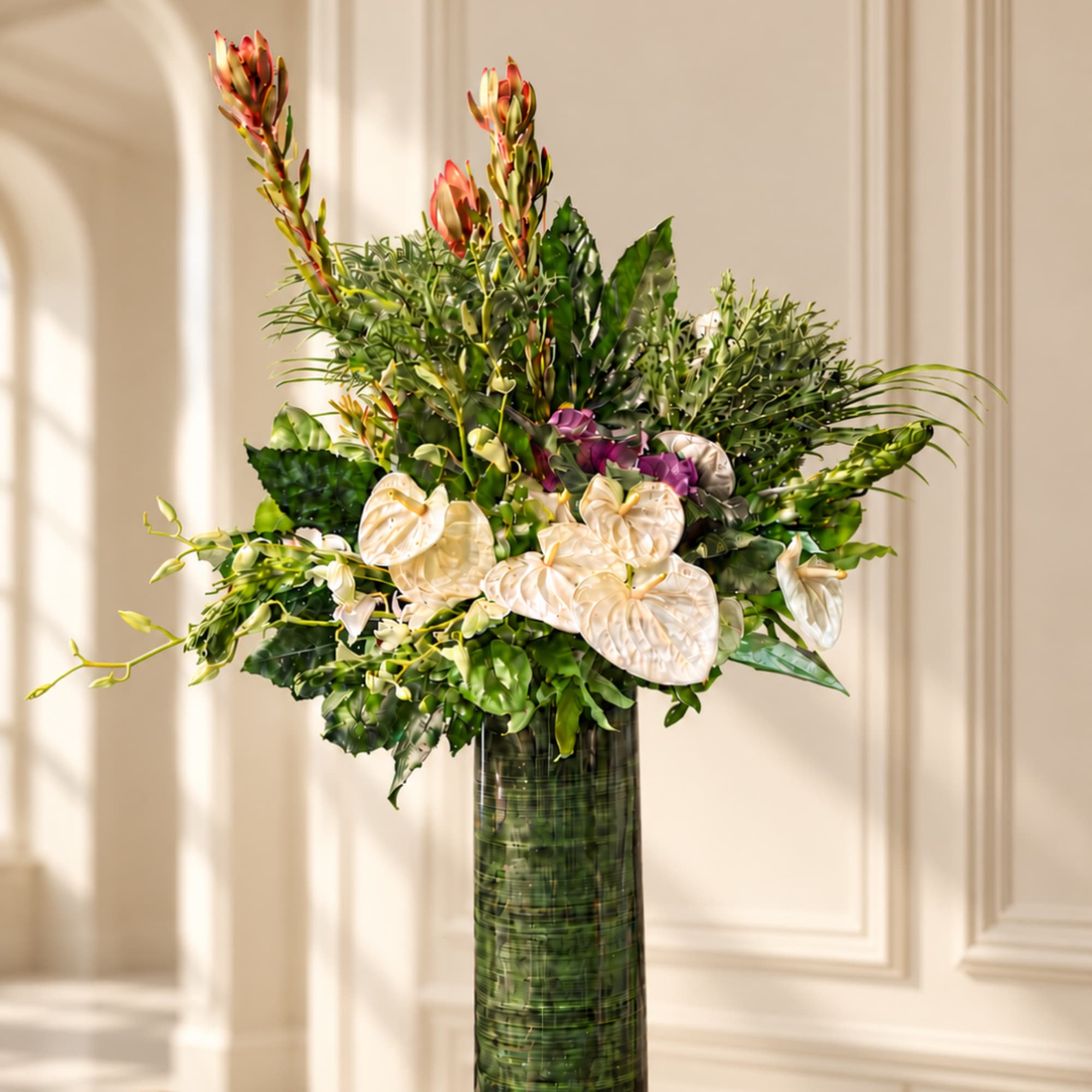 Tall tropical arrangement with white anthuriums and purple blooms in a glass vase