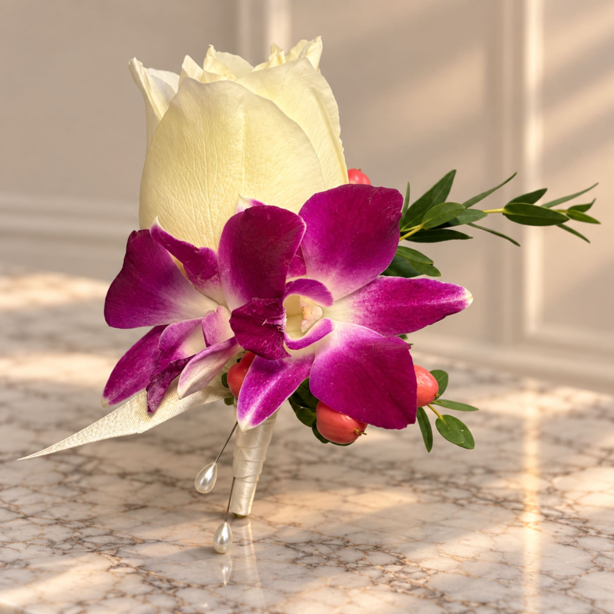 White rose and purple orchid boutonniere with small berries, photo 2 of 3