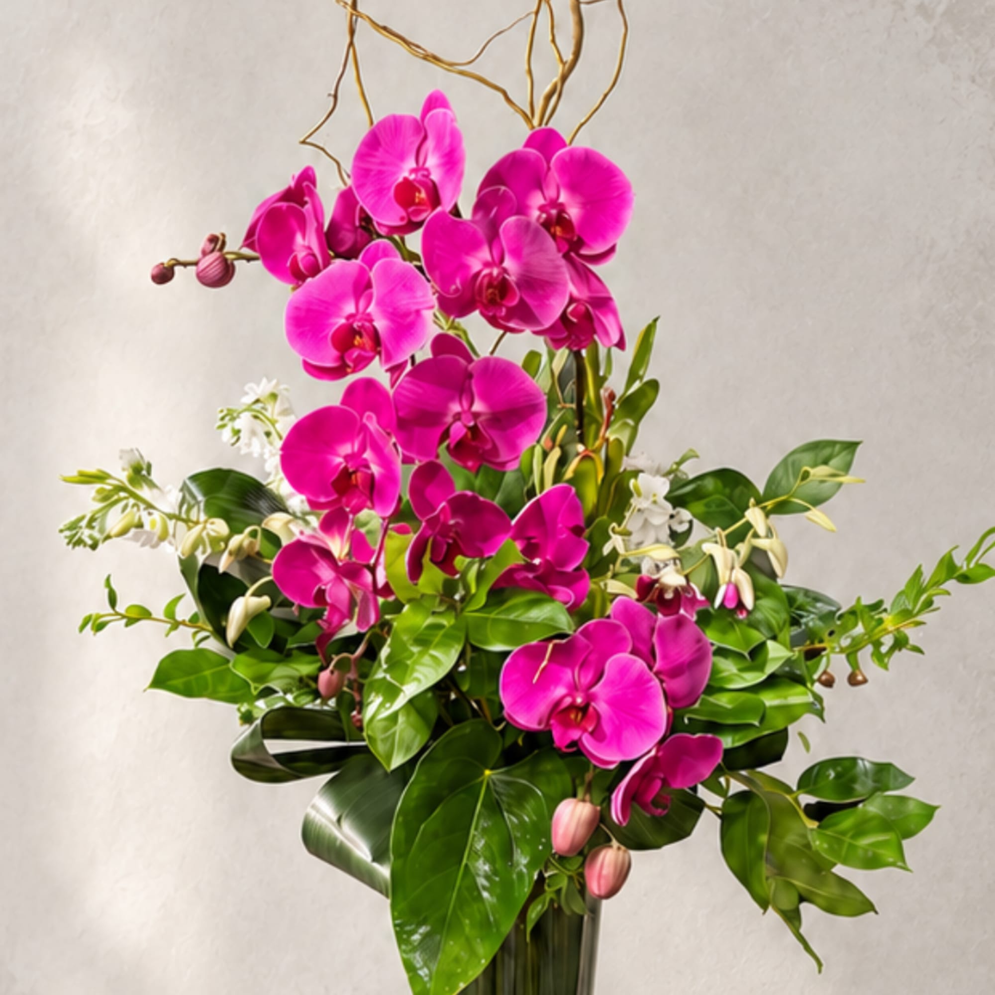 Tall arrangement of bright pink orchids with white accents in a glass vase