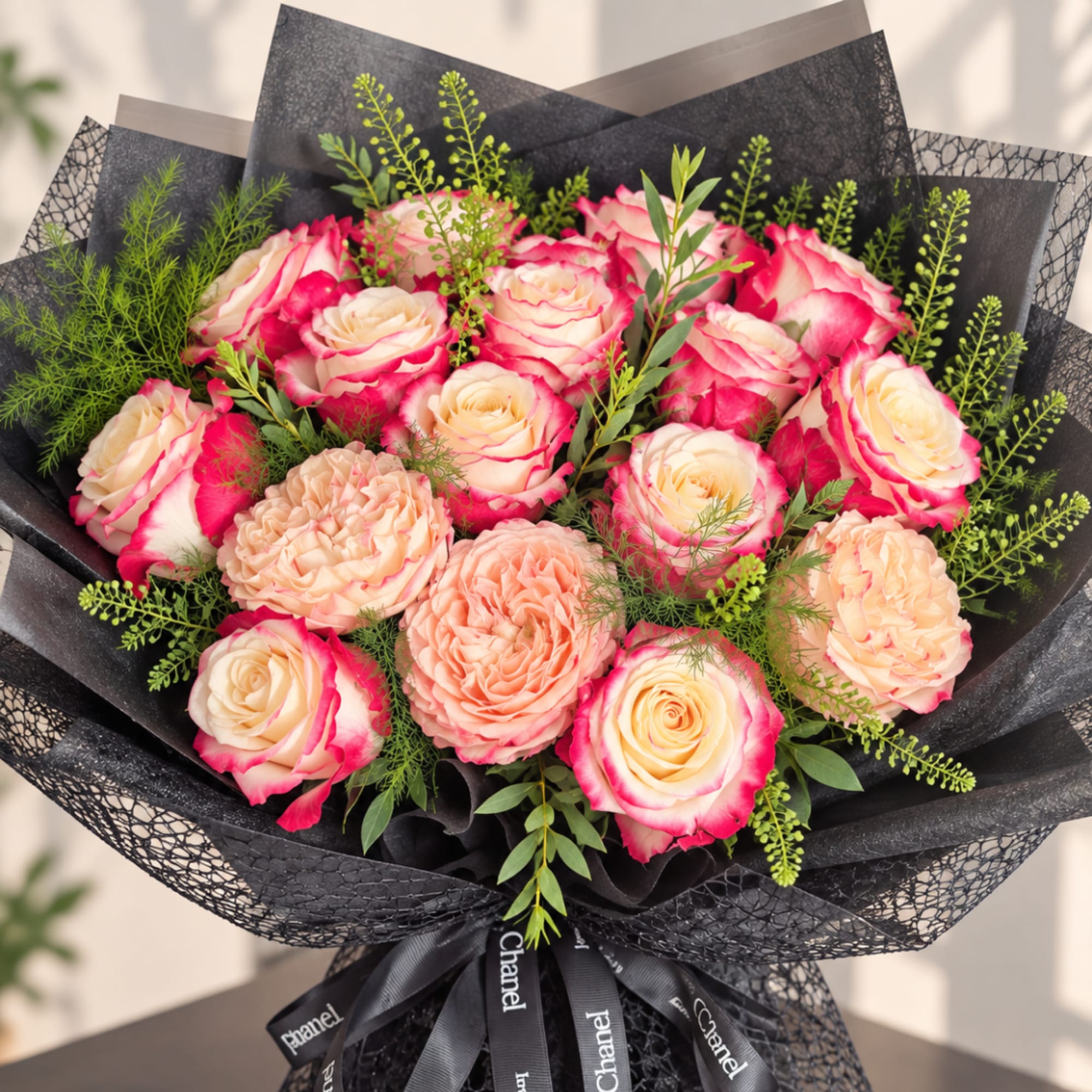 Bouquet of pink-edged cream roses wrapped in black paper, photo 2 of 4