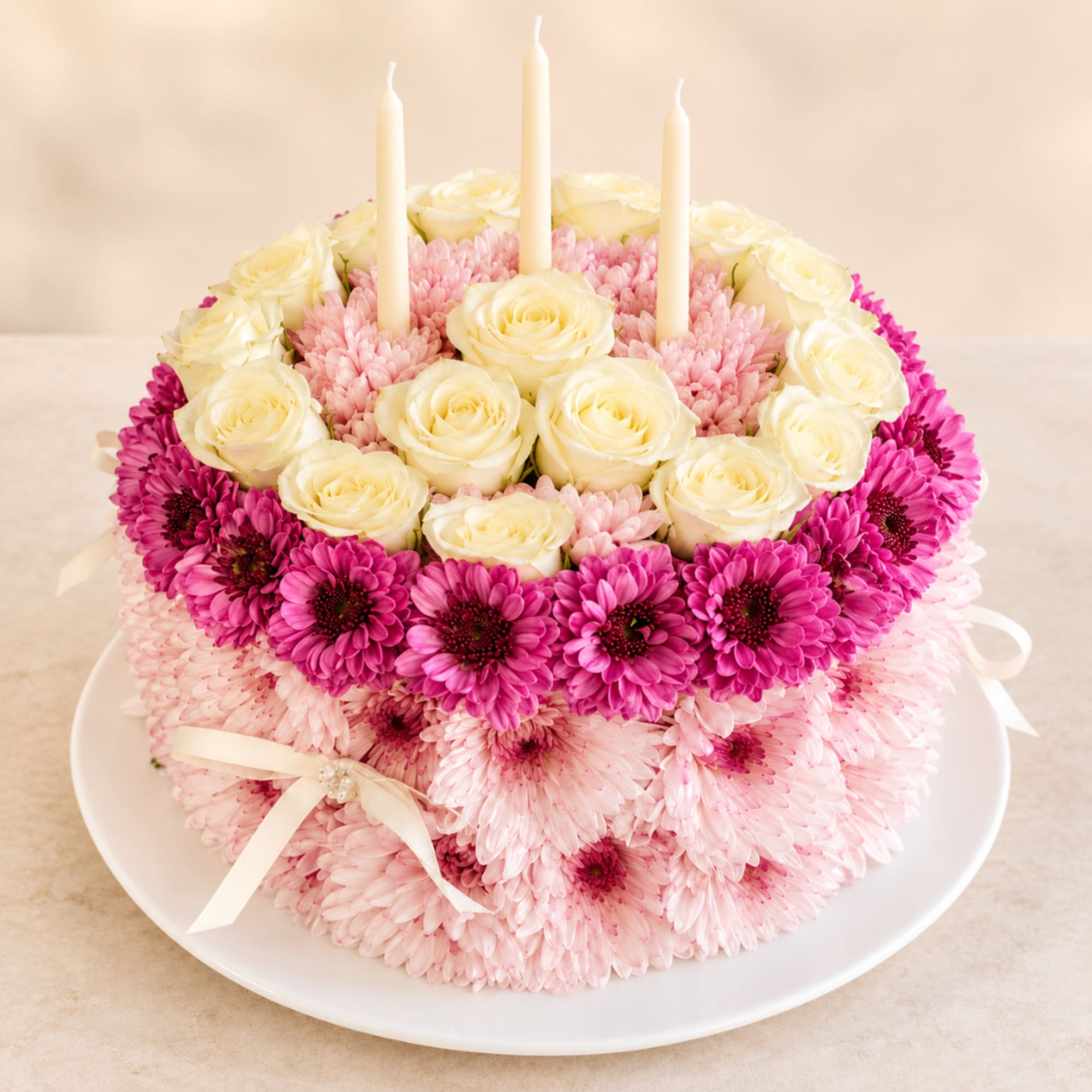 Round floral cake with pink and white flowers and three candles