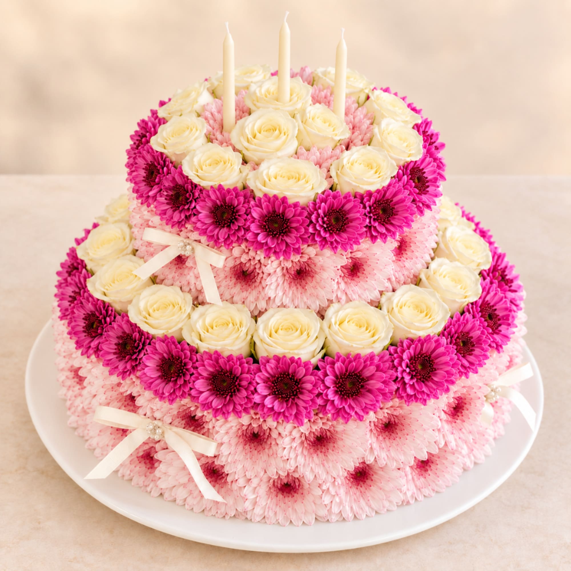 Tiered floral cake with pink and white flowers and three candles