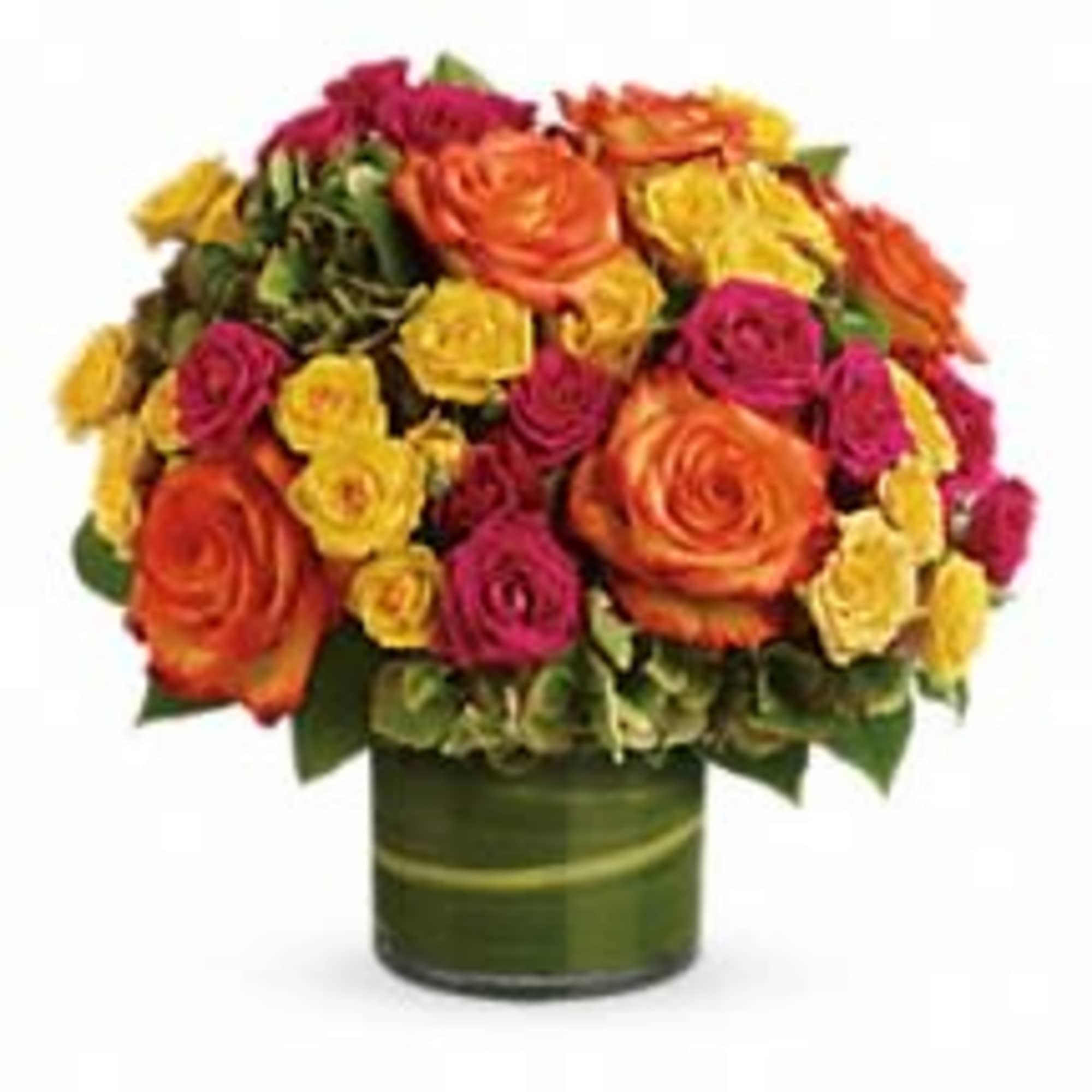 Bouquet of orange, pink, and yellow roses in a green vase