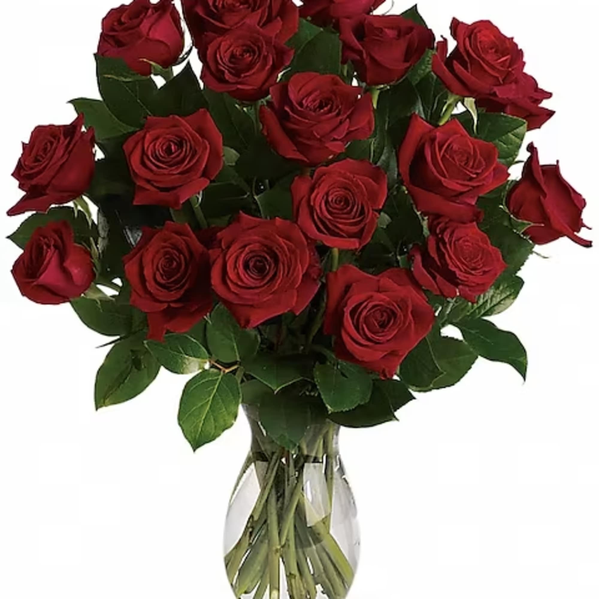 Bouquet of red roses in a clear glass vase
