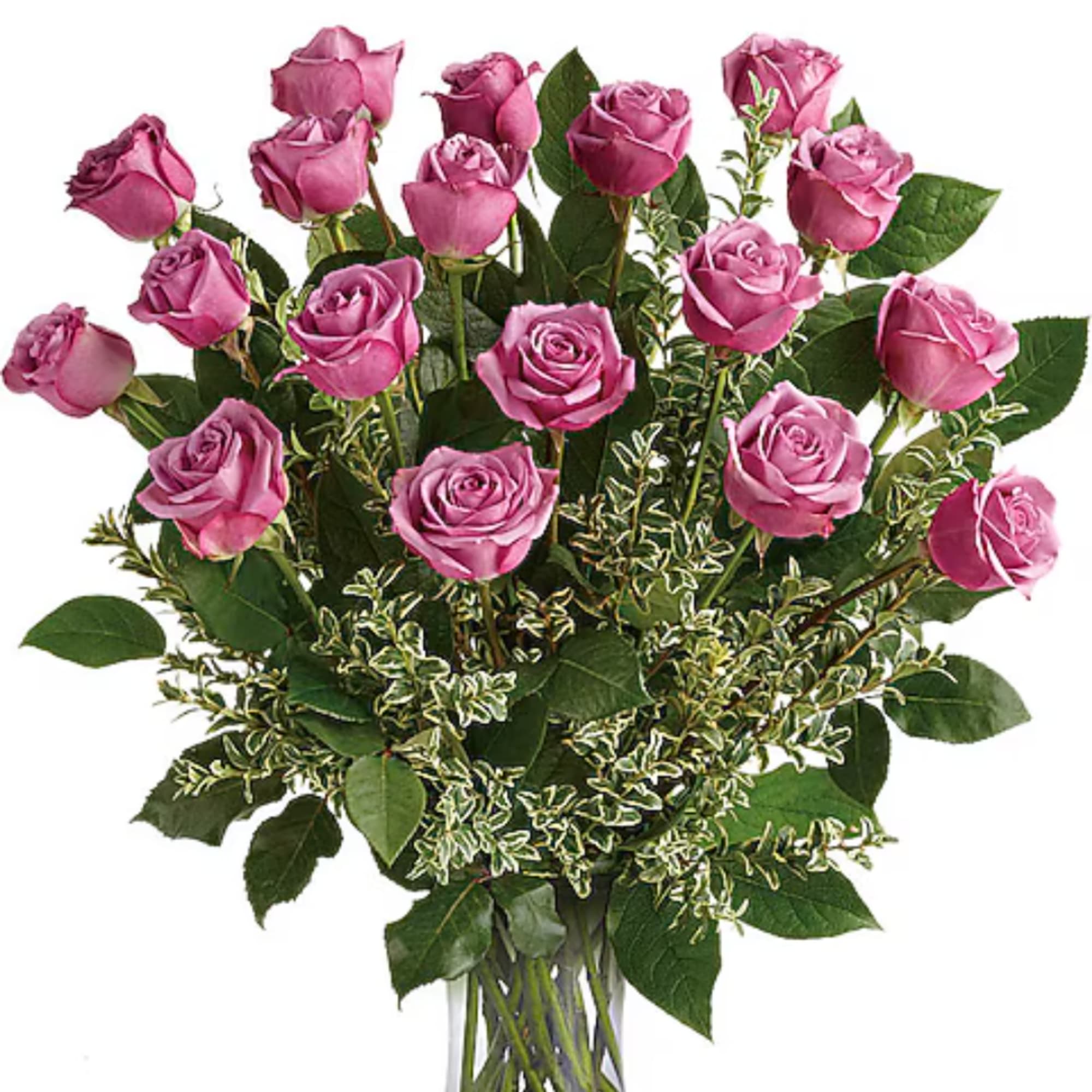 Bouquet of pink roses with mixed greenery on a white background