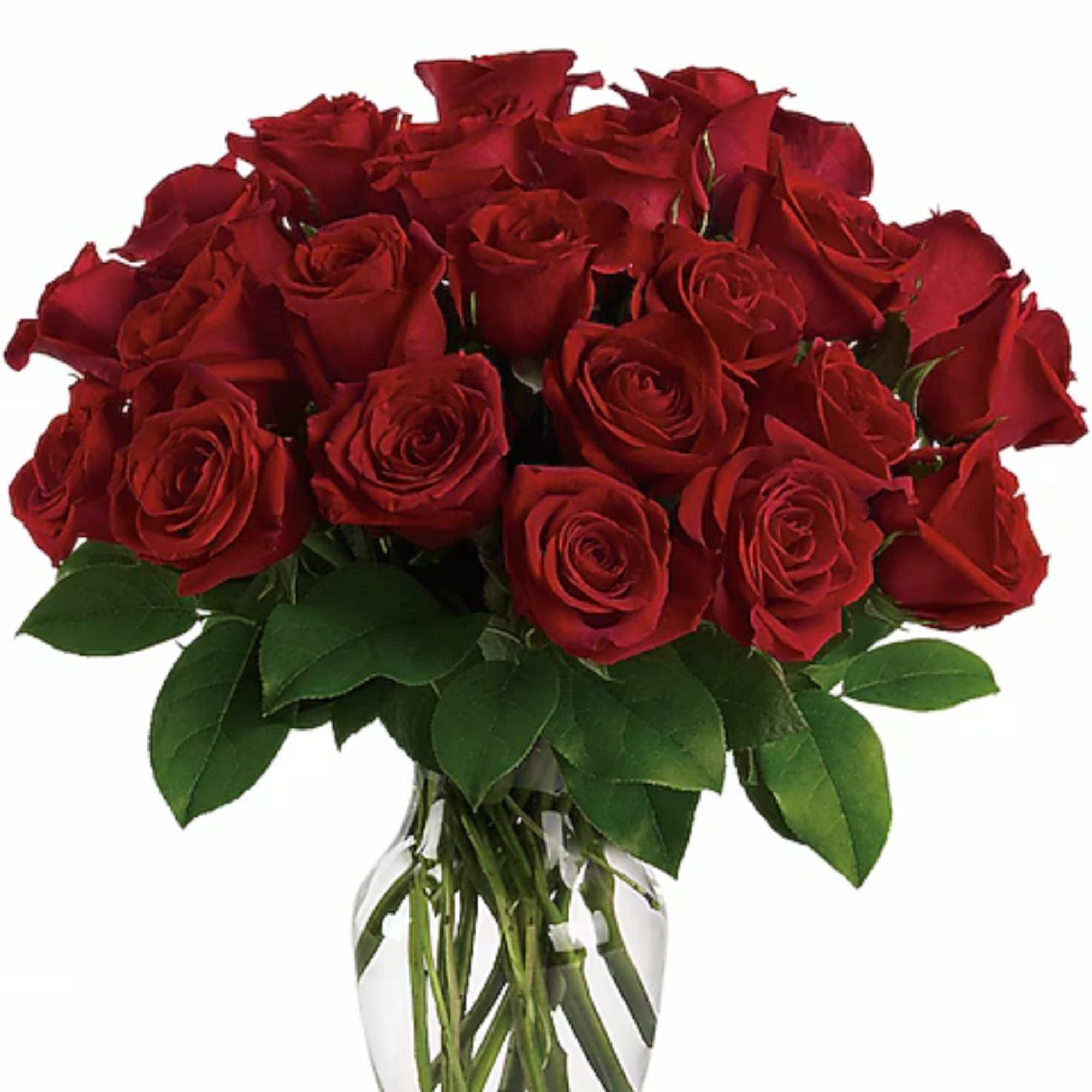 Bouquet of red roses in a clear glass vase