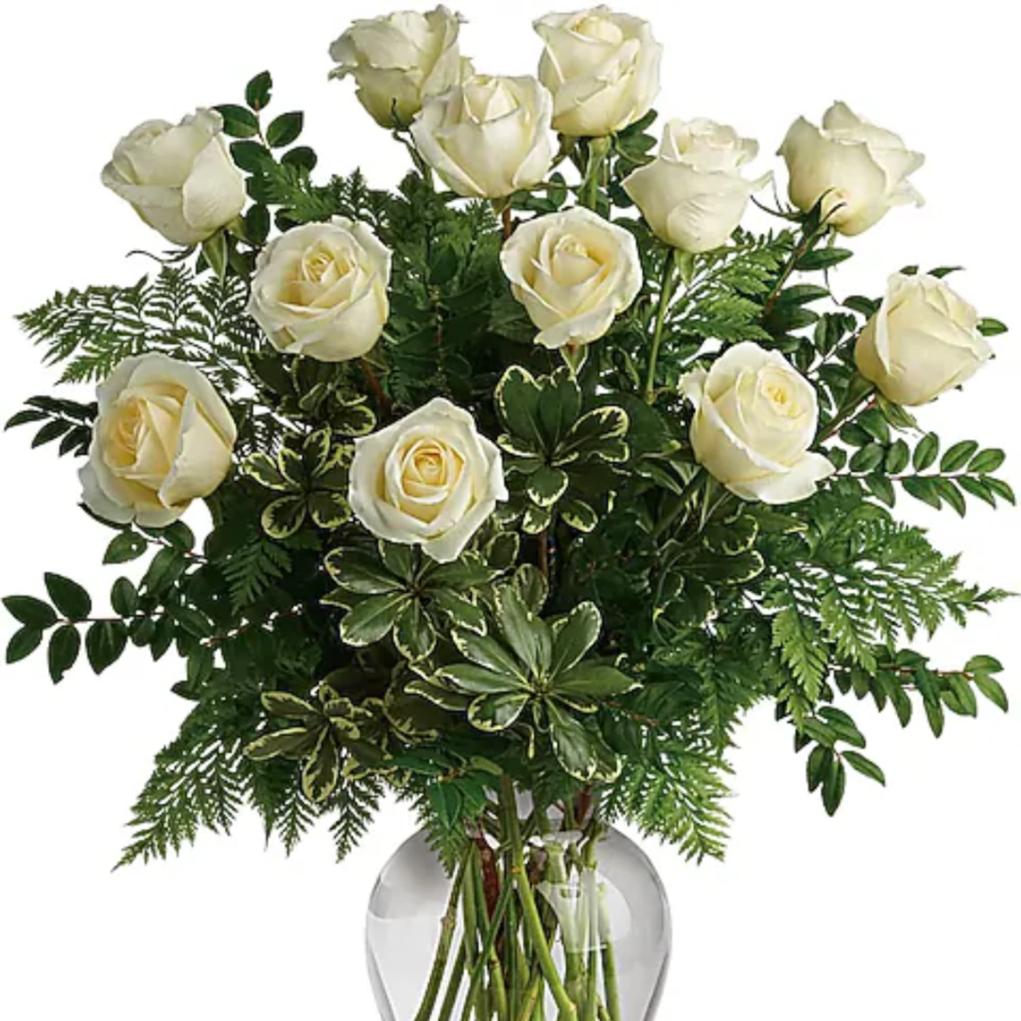 White roses arranged in a clear glass vase with dense greenery