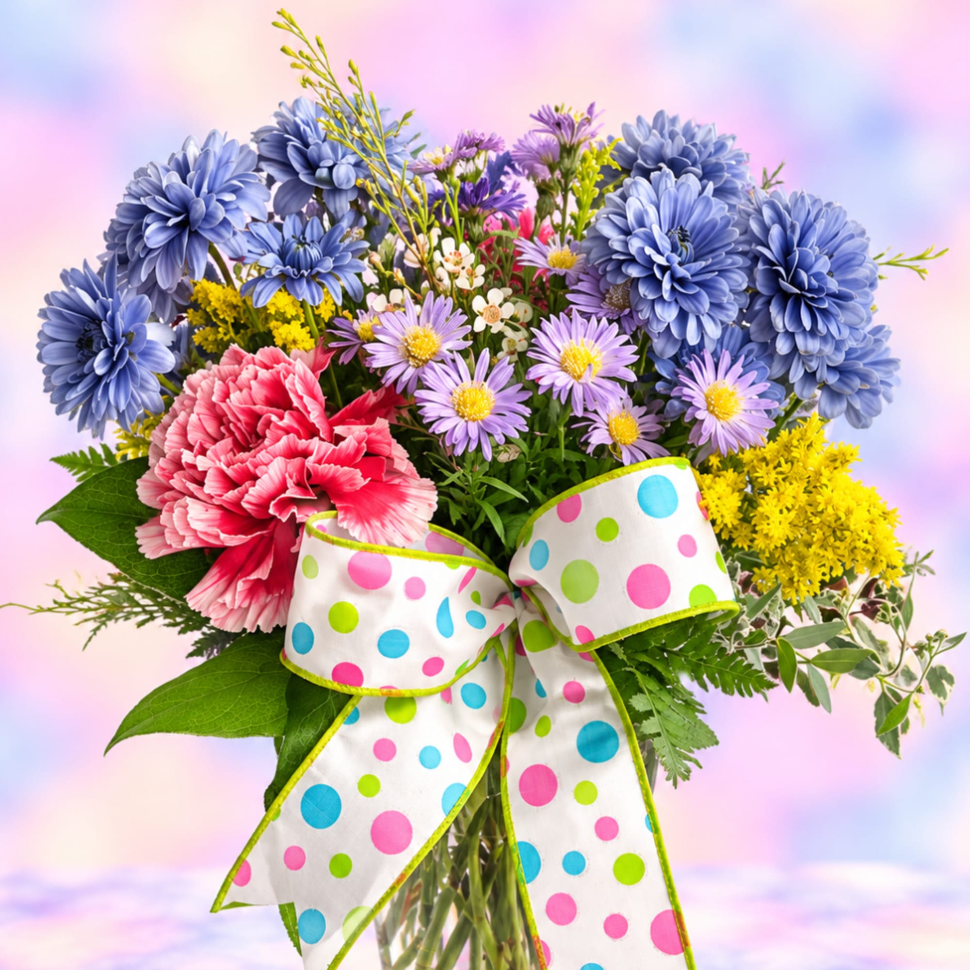 Colorful bouquet of blue, pink, purple, and yellow flowers with a polka-dot ribbon