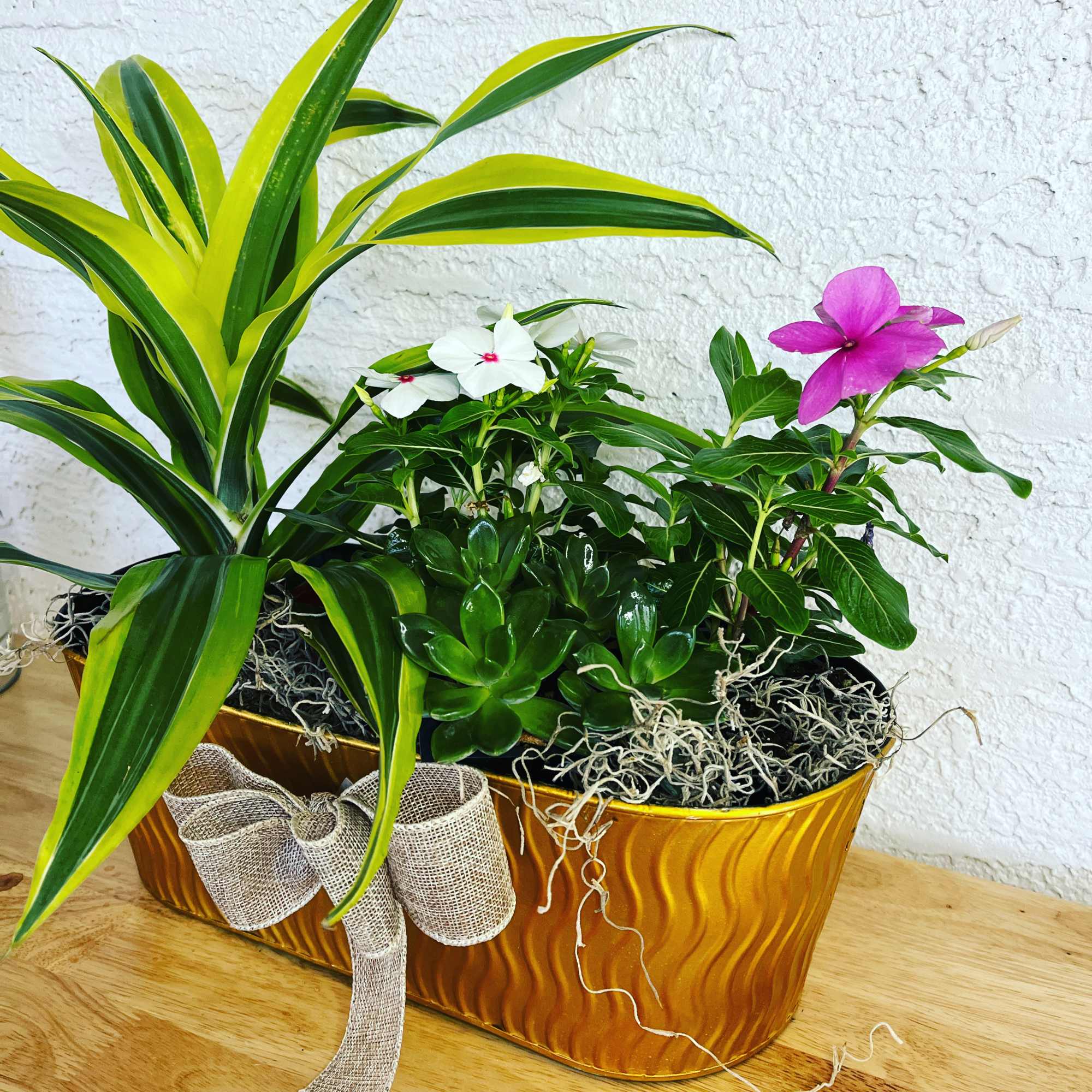 Mixed potted plants in a gold rectangular container with a burlap bow