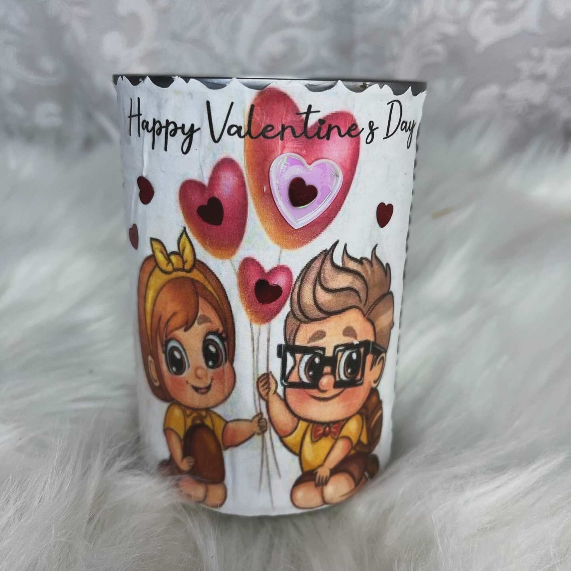 Valentine's Day printed cup with cartoon children and heart balloons
