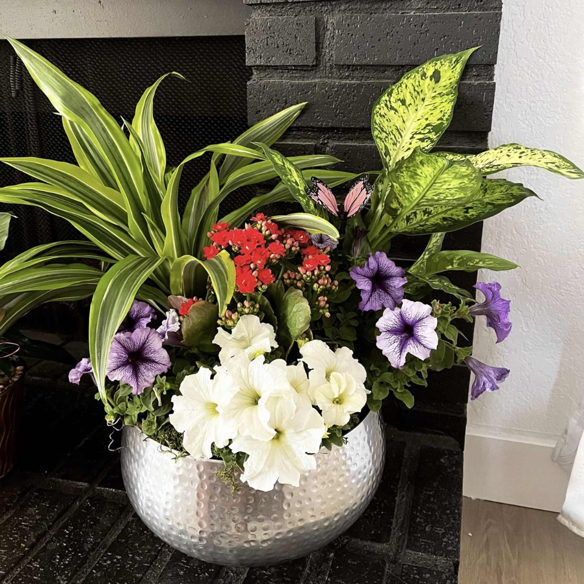 Mixed potted arrangement with white and purple petunias in a silver bowl planter