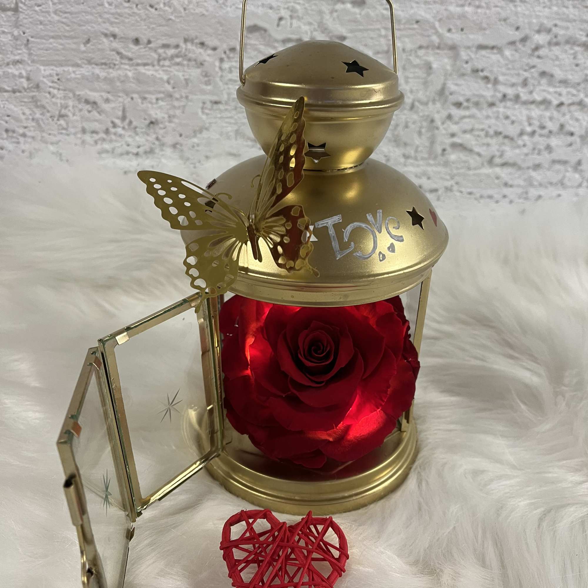 Gold lantern with a red rose inside and a butterfly decoration, photo 4 of 4