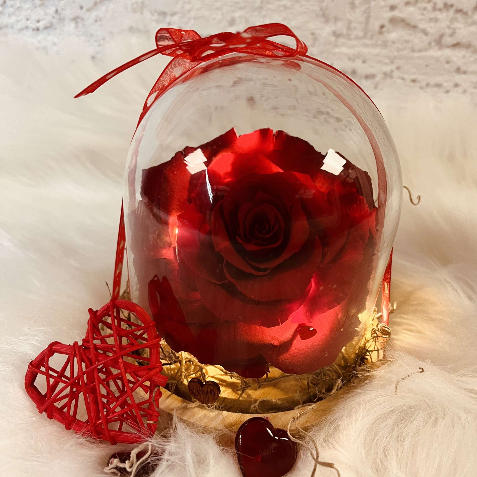 Red rose under a clear dome with a ribbon bow and heart decorations