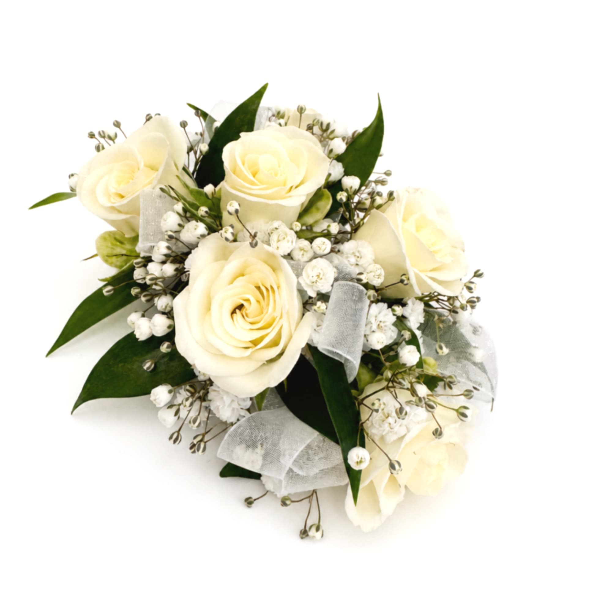Cream rose bouquet with baby's breath and ribbon accents, photo 3 of 4