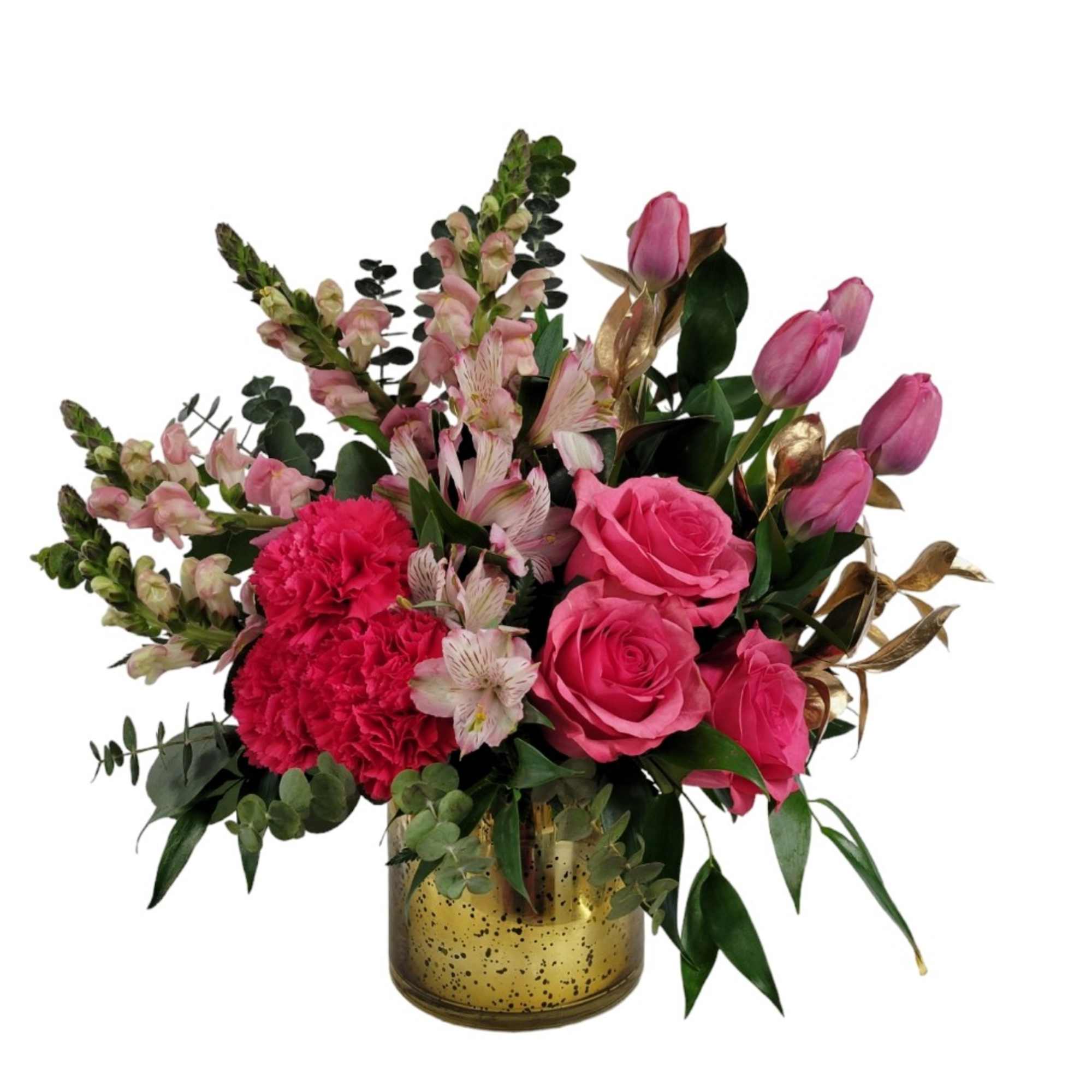Pink roses and carnations in a gold vase with mixed greenery