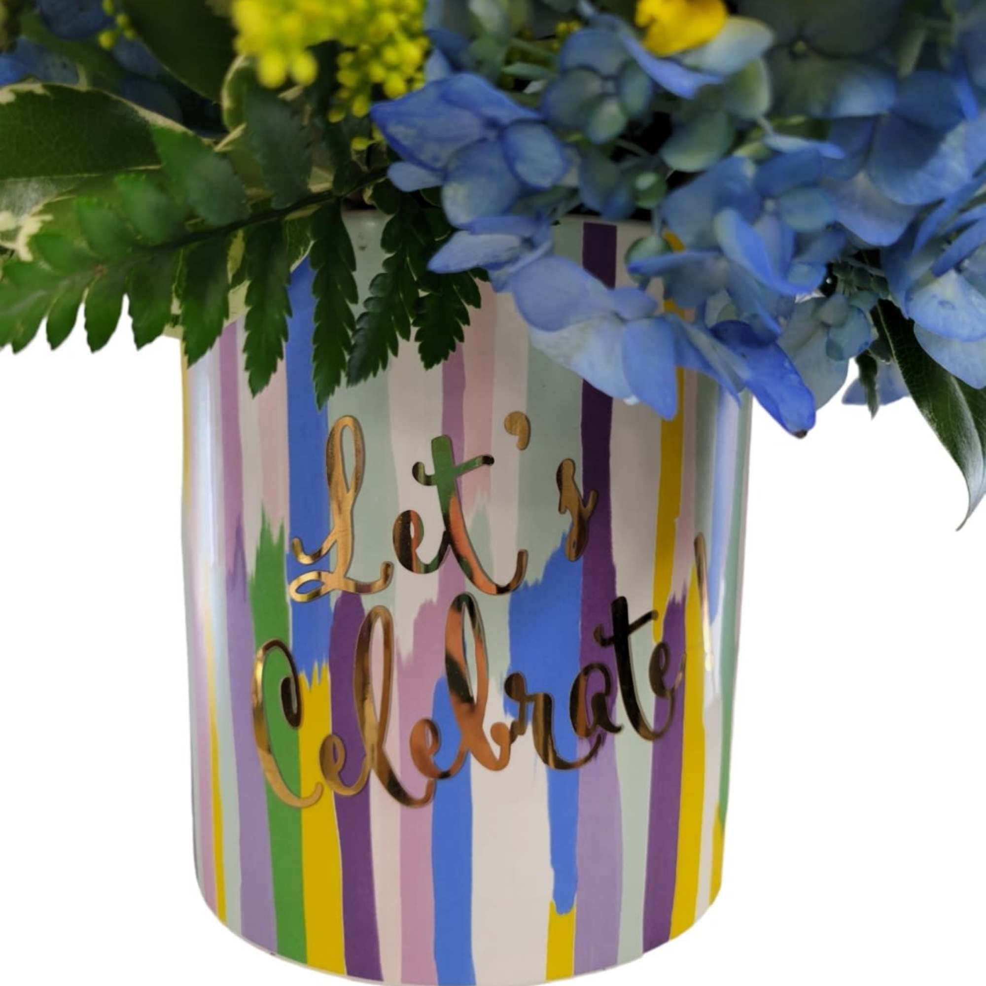 Blue hydrangeas and yellow flowers in a striped vase with "Let's Celebrate" text