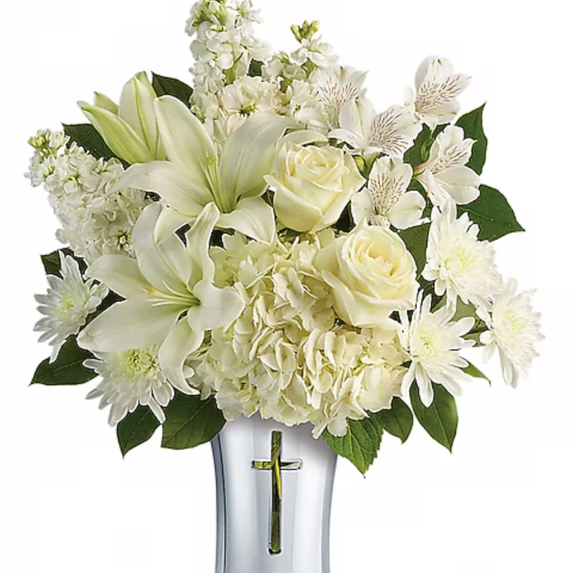 White floral arrangement in a clear vase with lilies, roses, and daisies