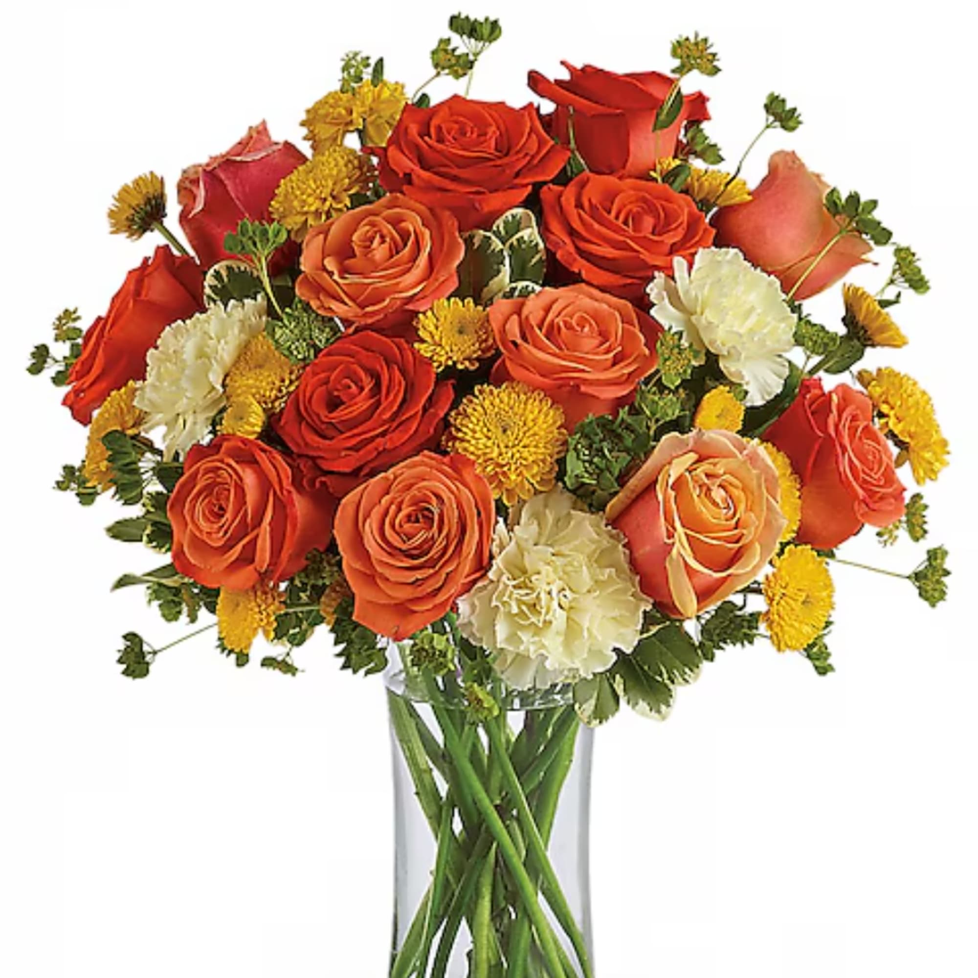 Orange and red rose bouquet with yellow accents in a clear glass vase
