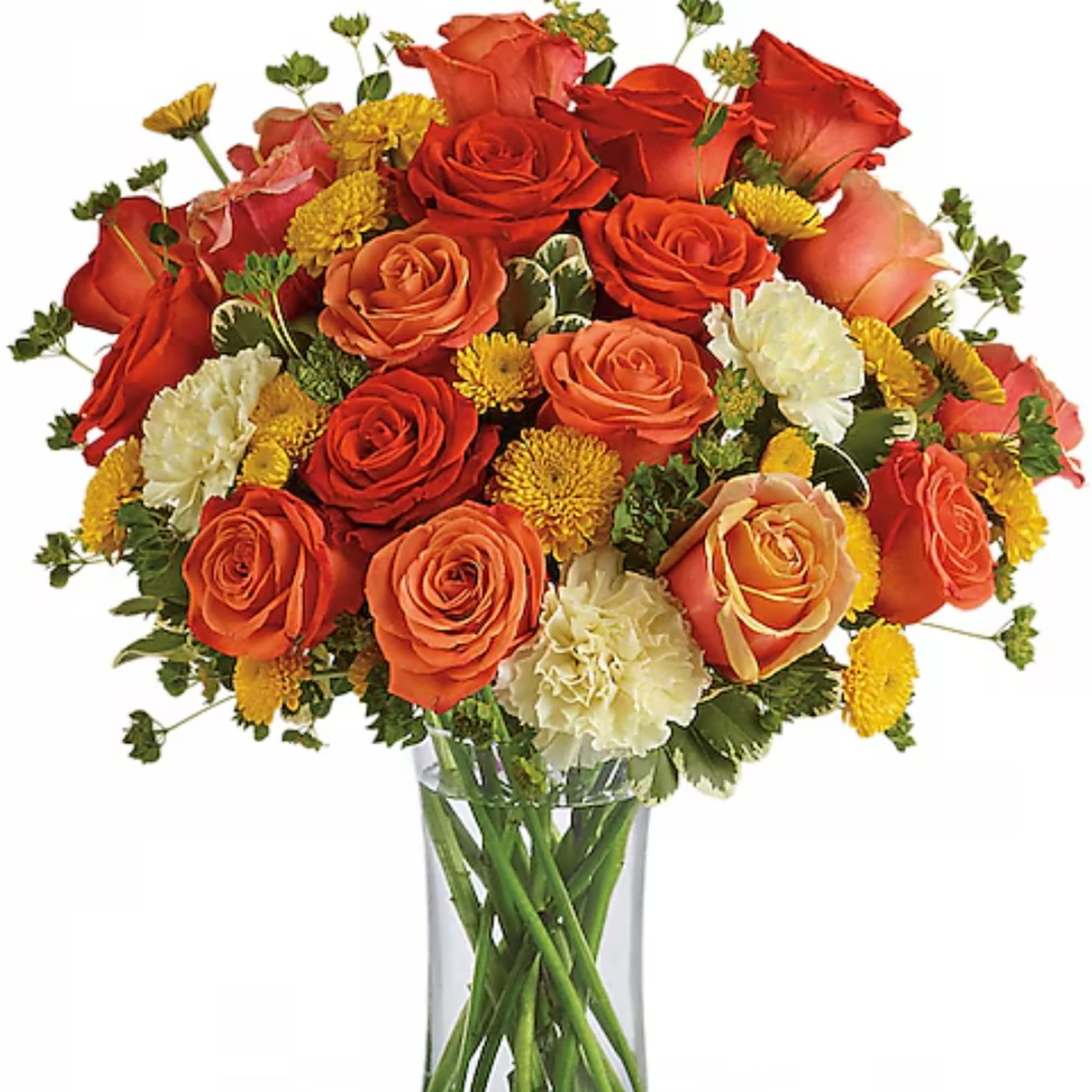 Orange and red roses with yellow and white accents in a clear glass vase