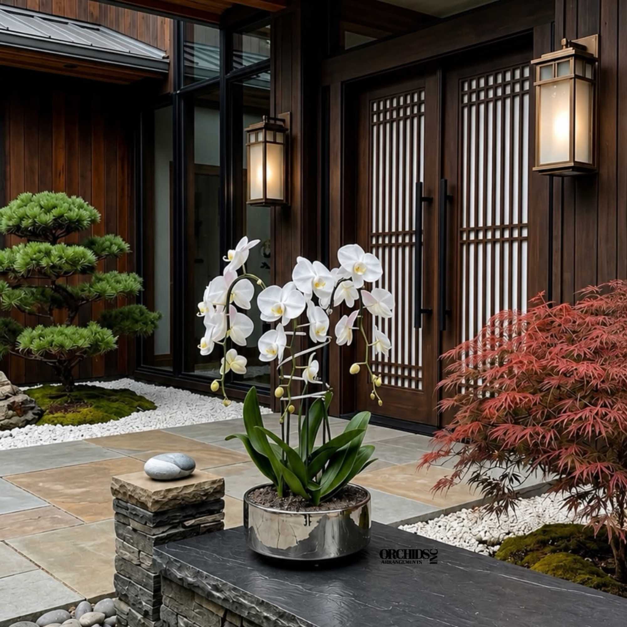 White orchid plant in a metallic pot on a stone bench