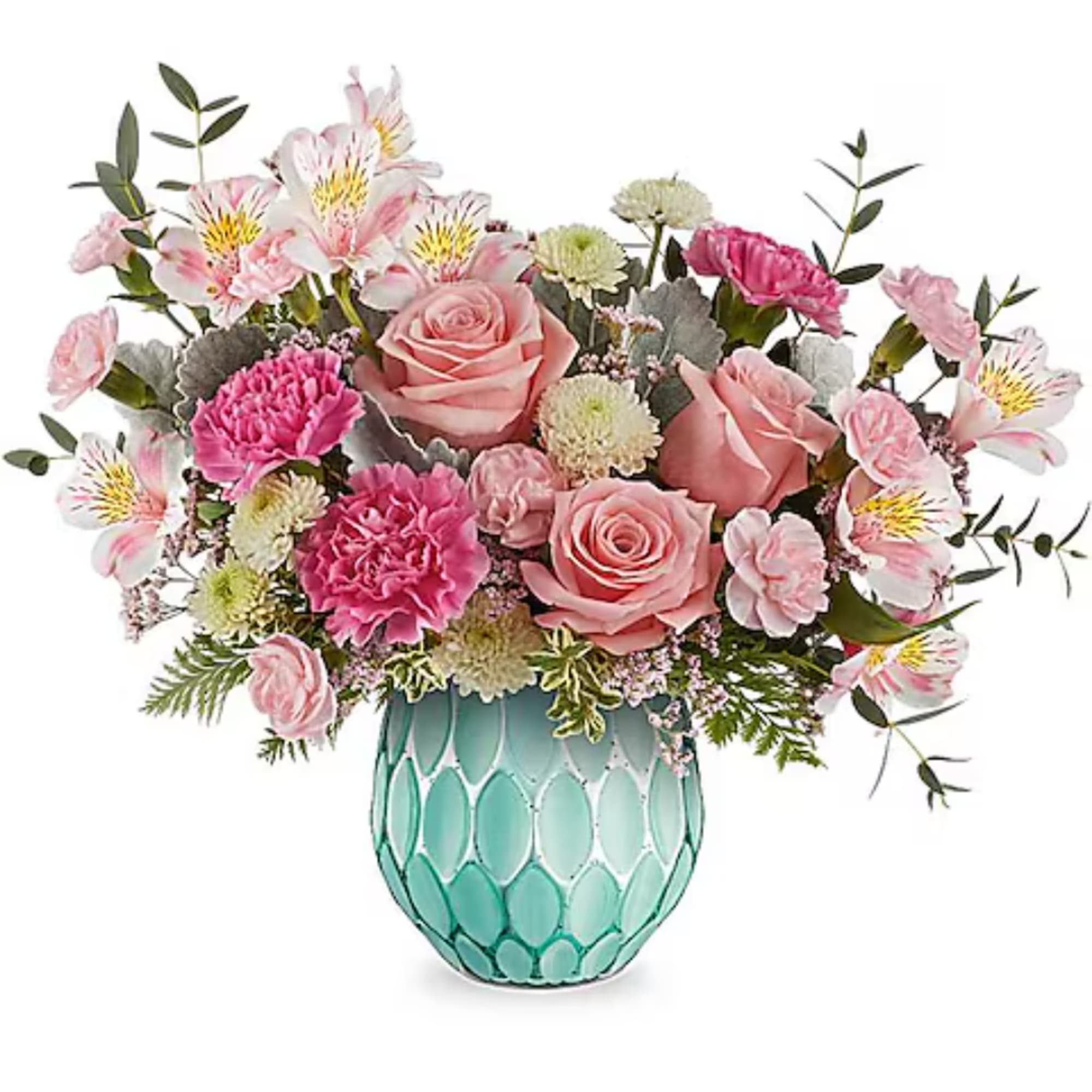 Pink and white mixed flower arrangement in a turquoise vase