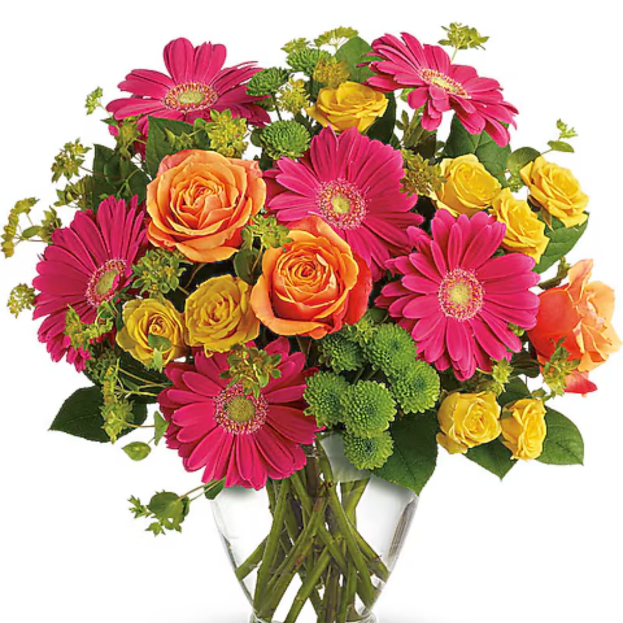 Bouquet of pink gerbera daisies and yellow-orange roses in a clear vase