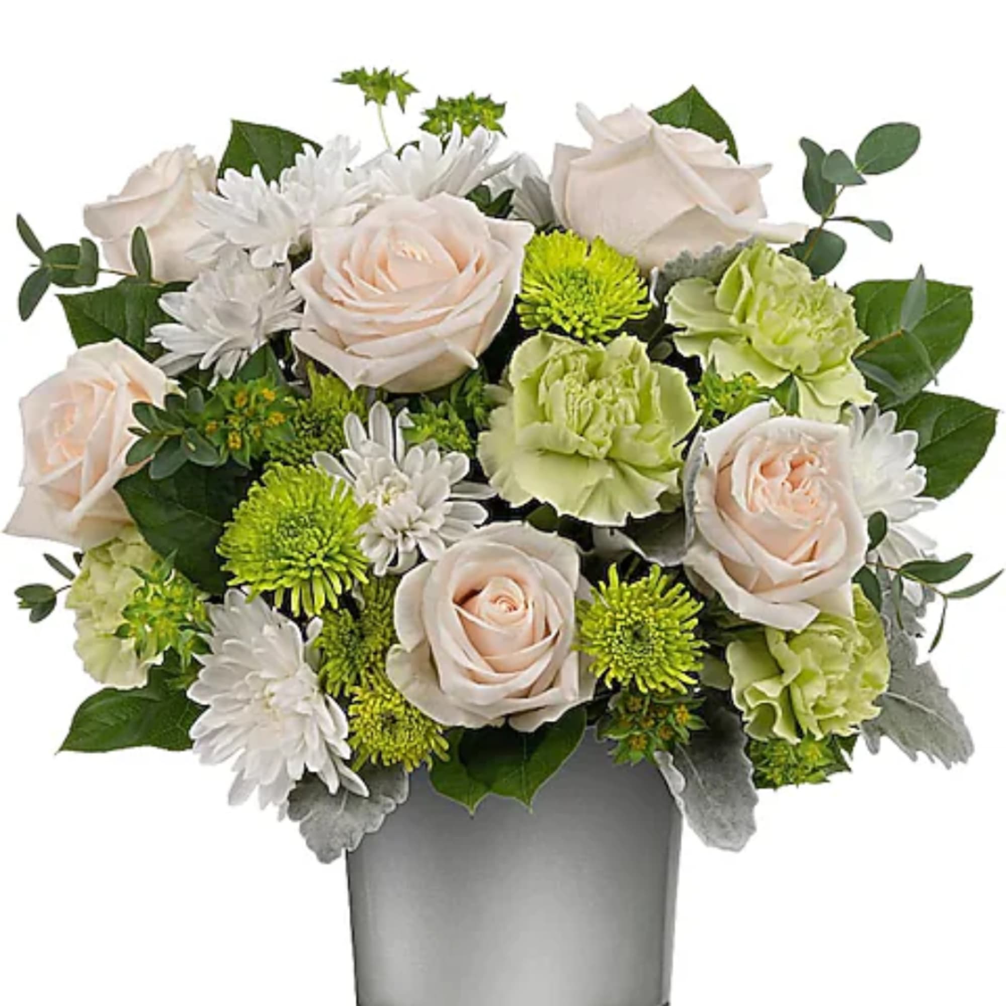 Bouquet of pale roses, white daisies, and green carnations in a gray vase