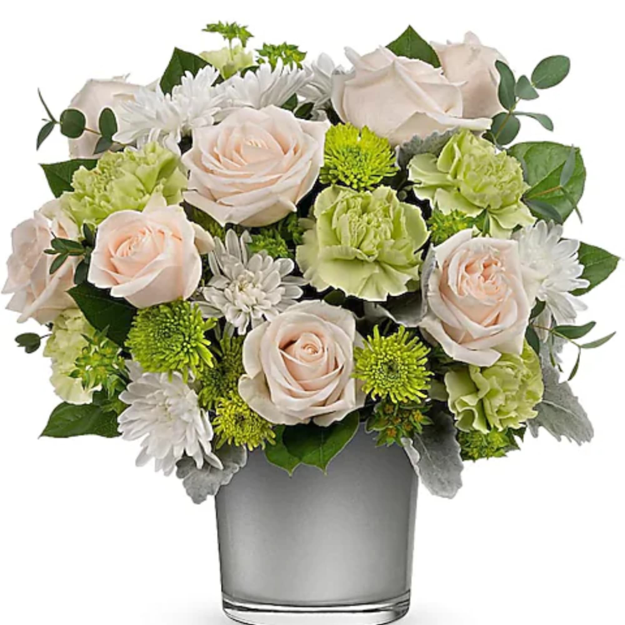 Bouquet of pale roses, white daisies, and green carnations in a gray vase