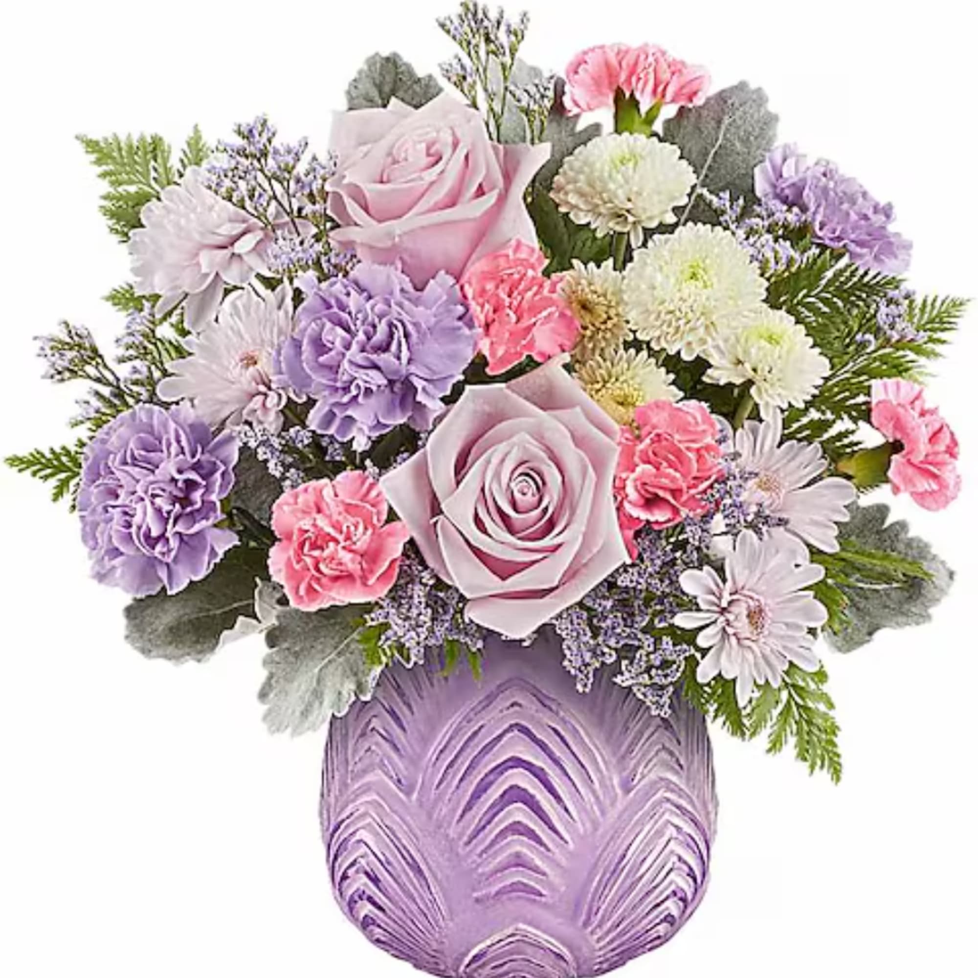 Lavender and pink bouquet in a purple glass vase