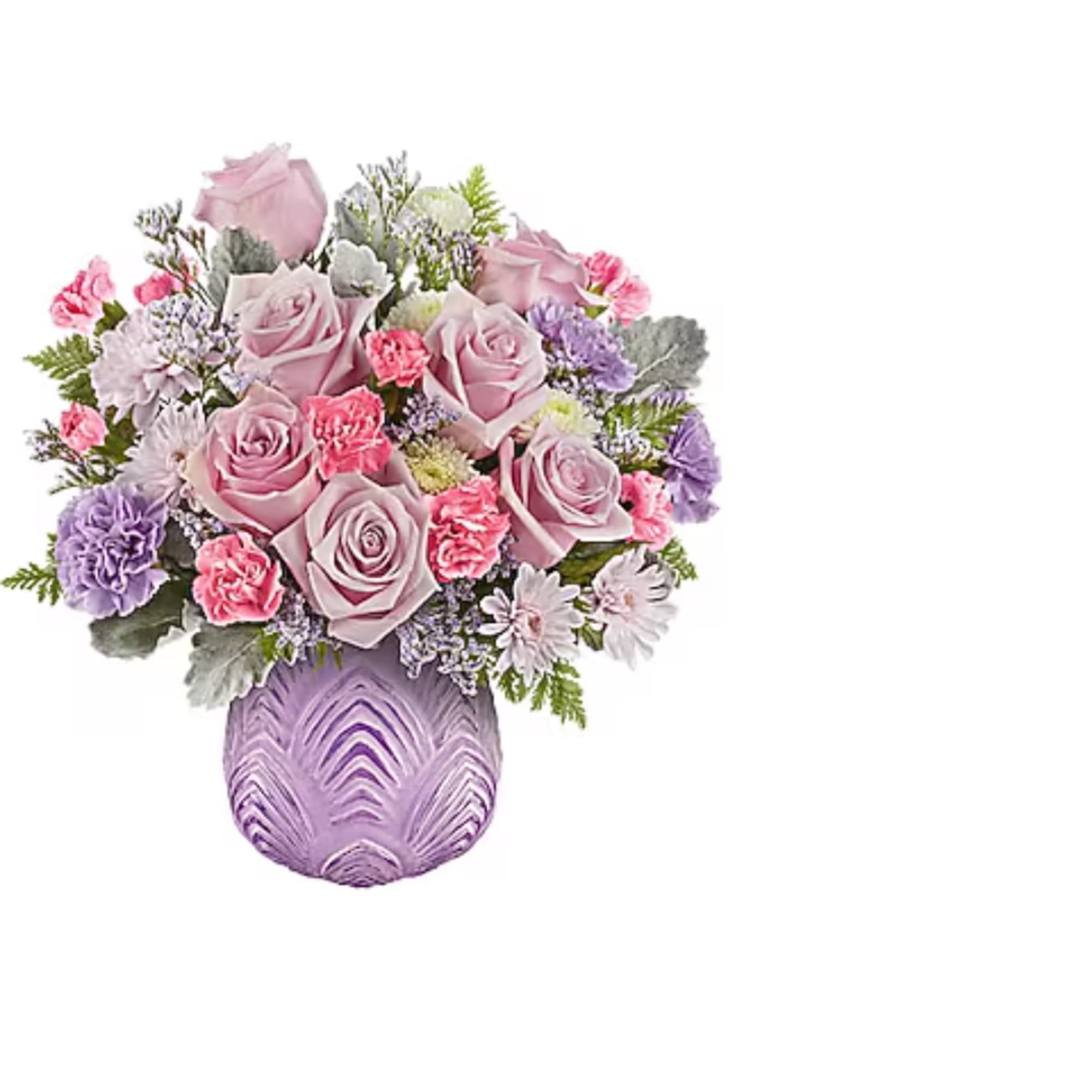 Pink and lavender bouquet in a purple vase