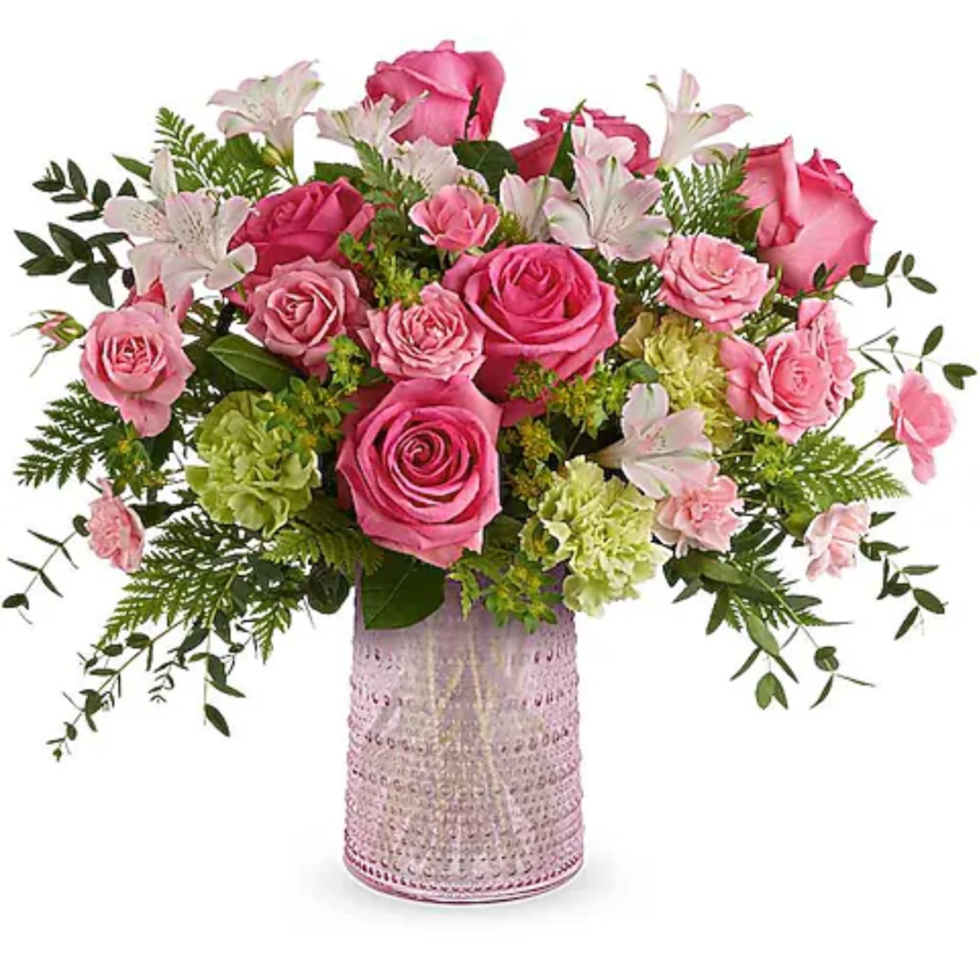 Pink roses and white lilies arranged in a pink textured vase