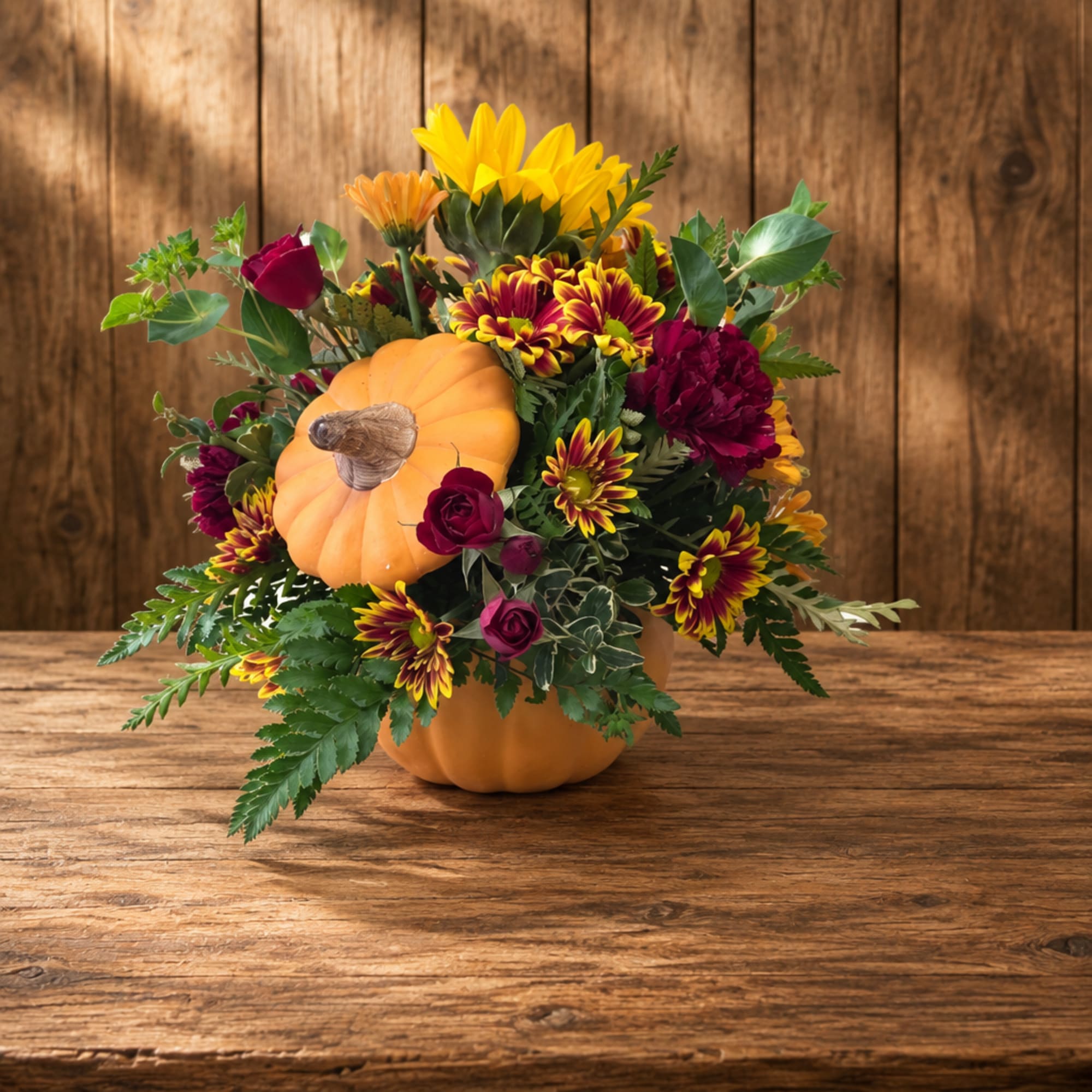 Fall floral arrangement in a pumpkin container with roses and mums
