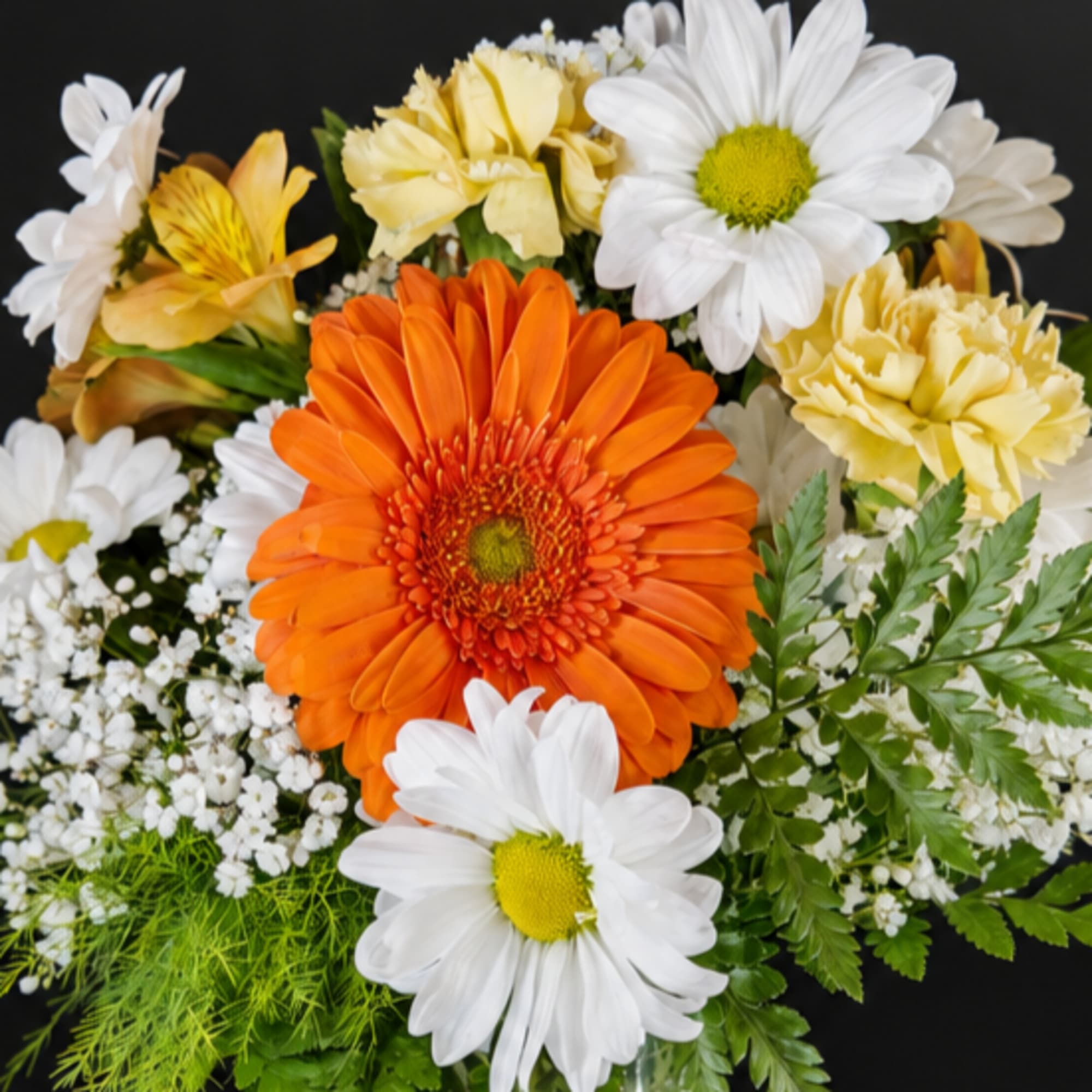 Orange gerbera daisies and white daisies with pale yellow carnations