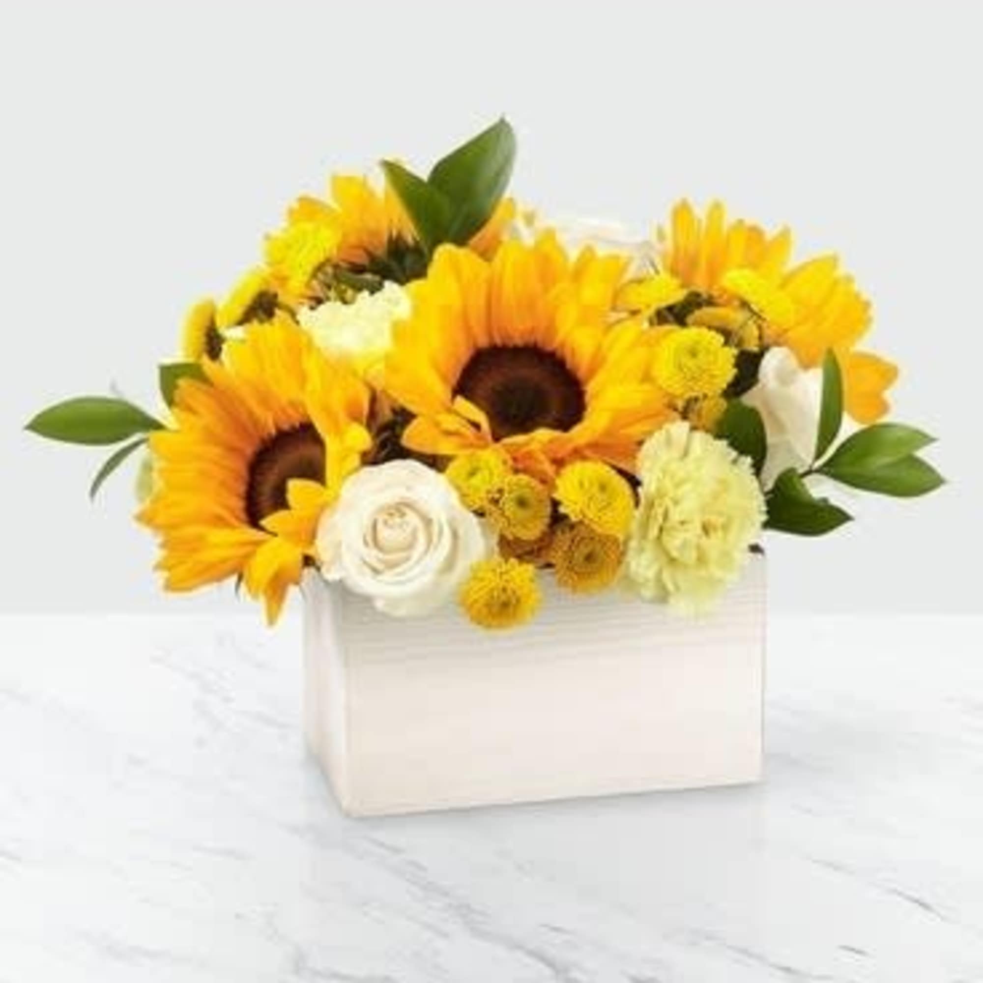 Sunflower and white rose arrangement in a white box, photo 2 of 3