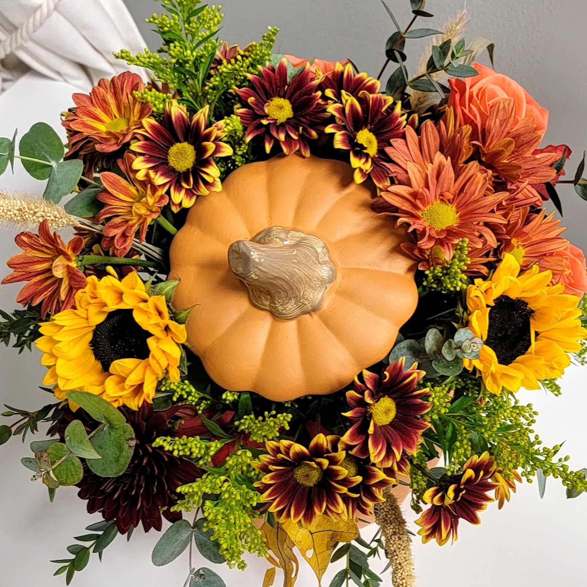 A beautiful assortment of fall tones elegantly arranged in a keepsake ceramic, photo 2 of 2