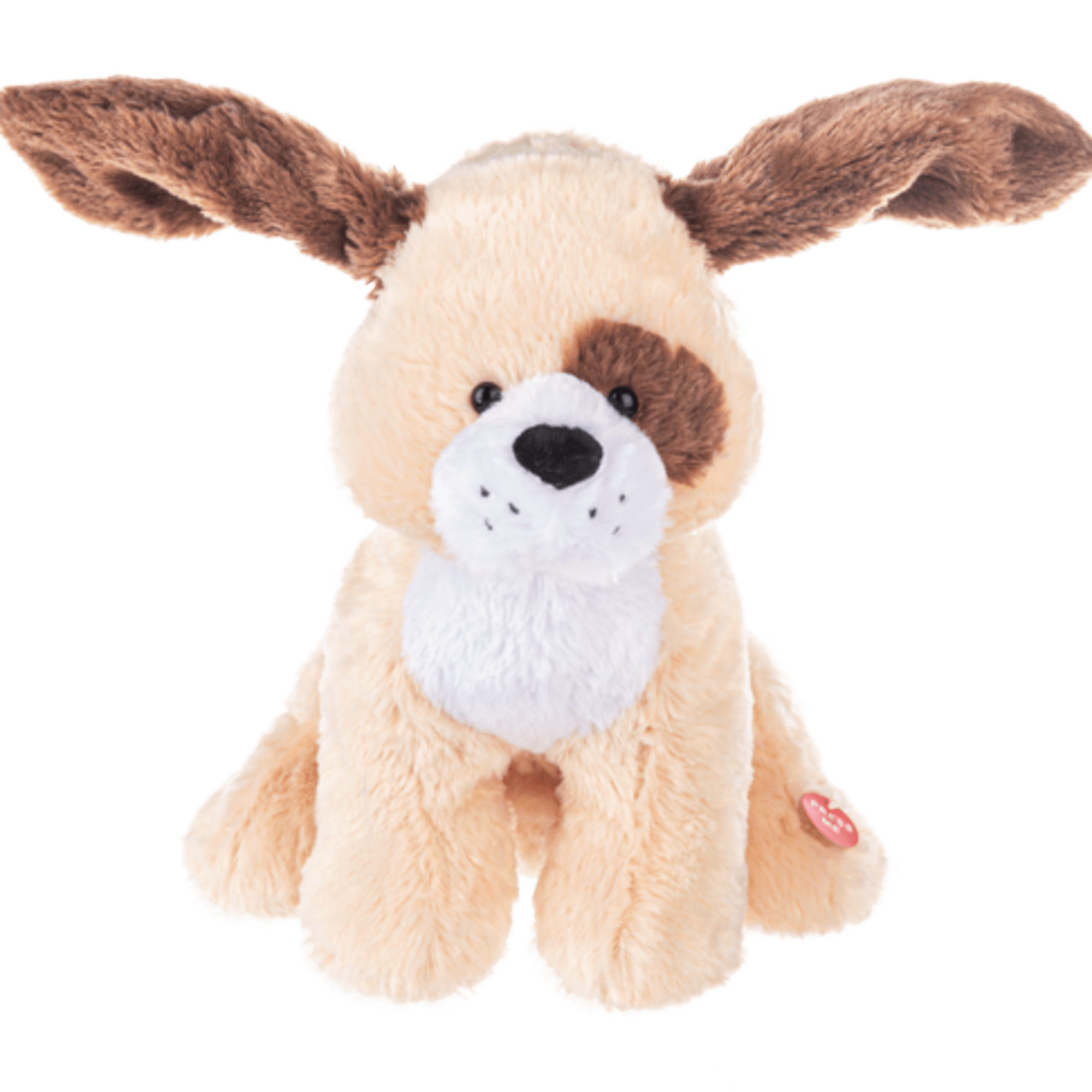 Plush dog toy with tan and white fur and floppy ears