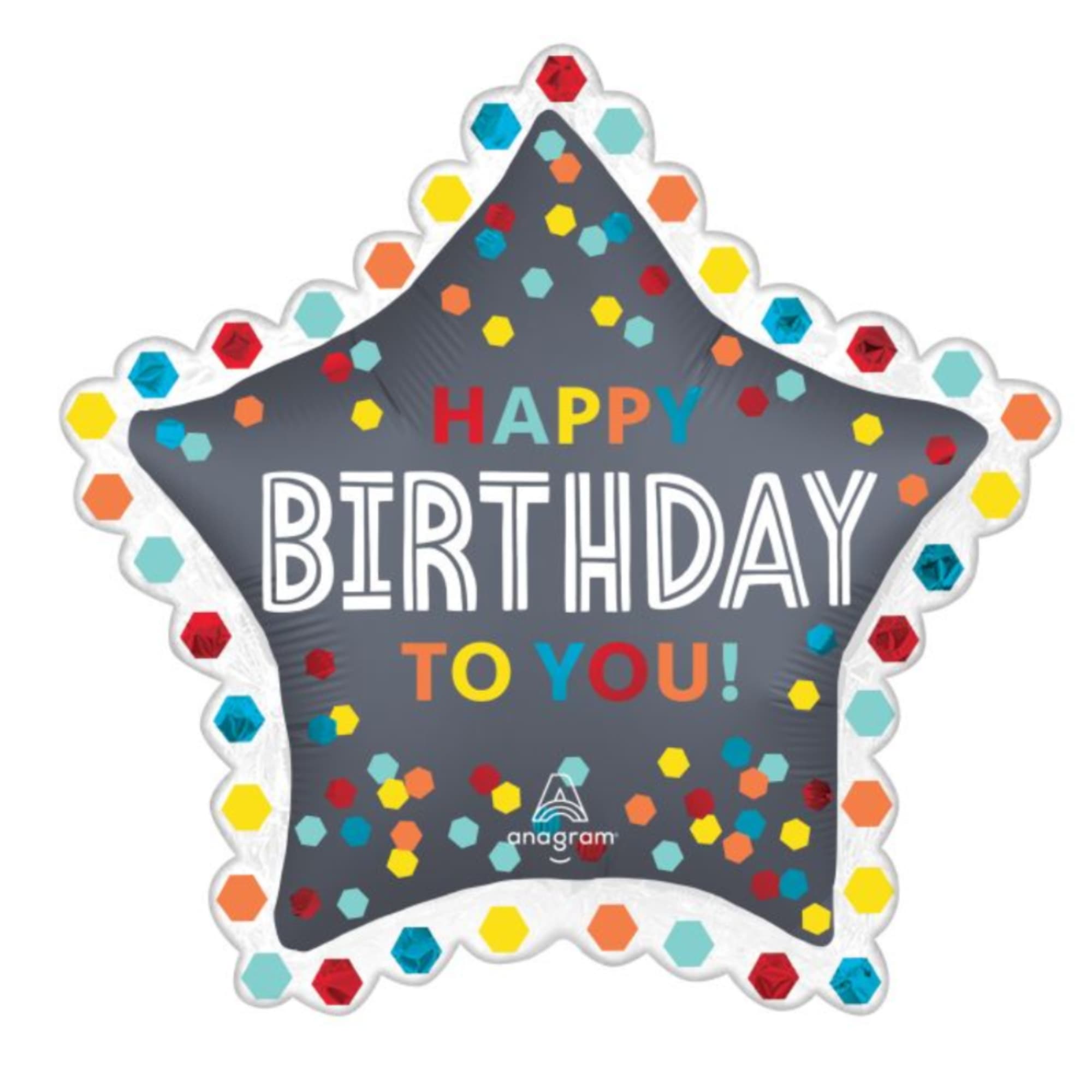 Star-shaped birthday balloon with colorful confetti text