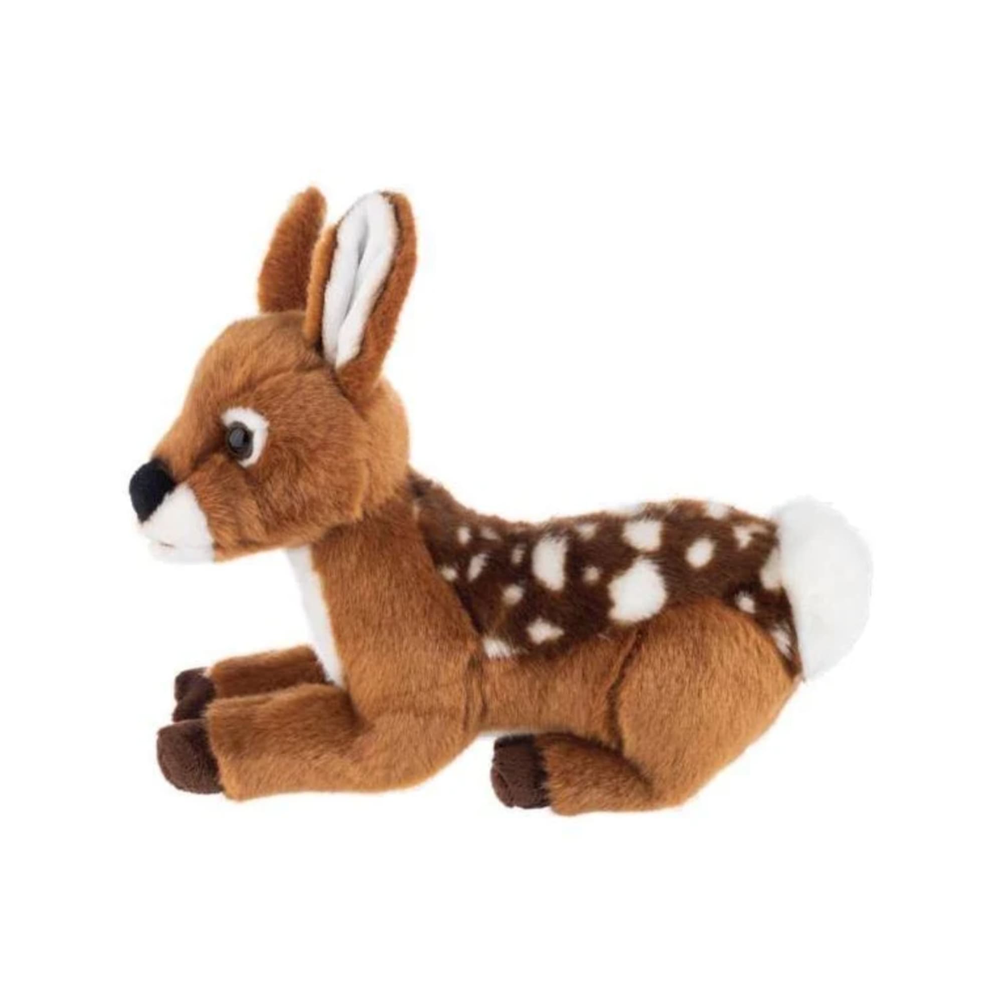 Plush deer toy with brown fur and white spots on a white background