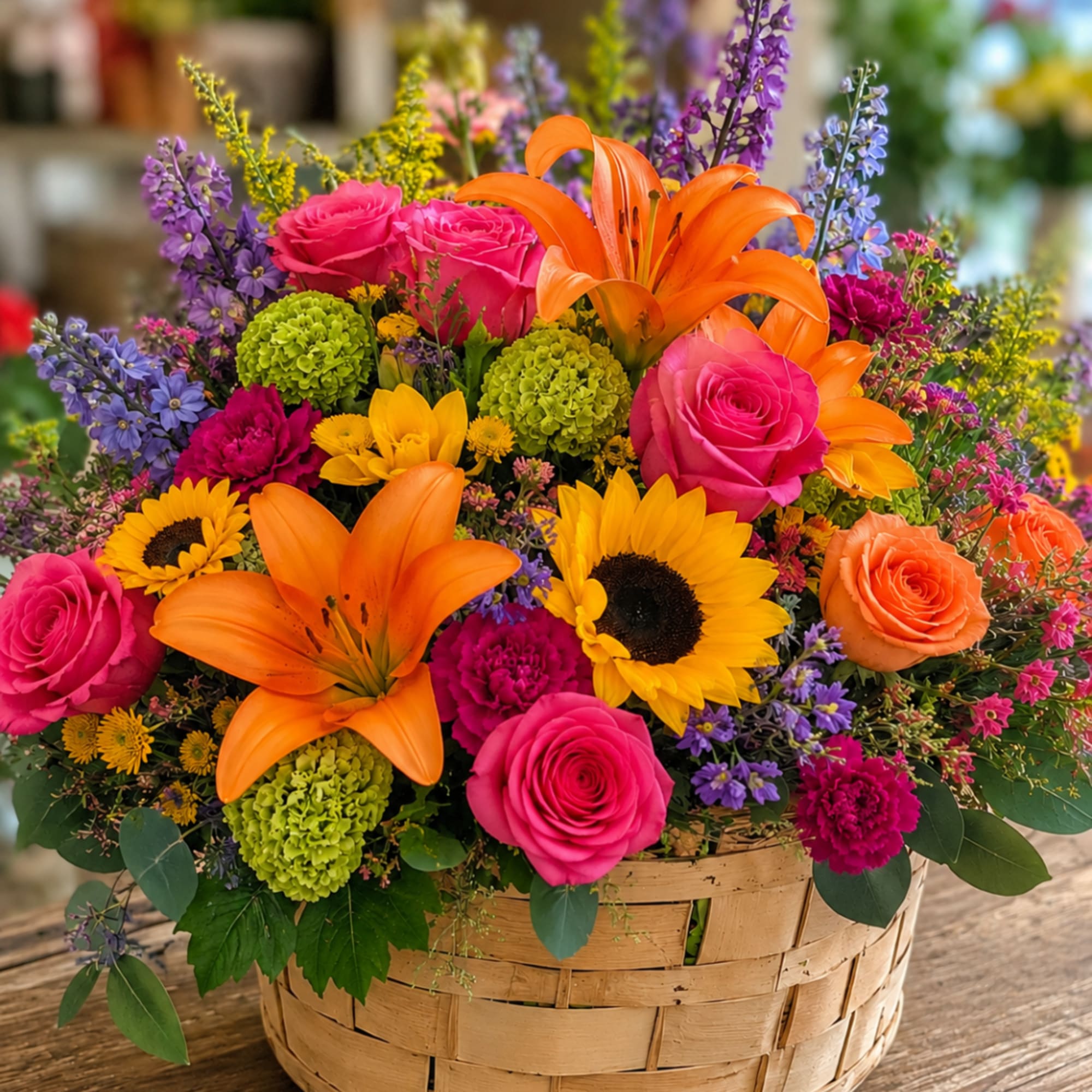 Colorful mixed flower basket with roses, lilies, sunflowers, and purple blooms