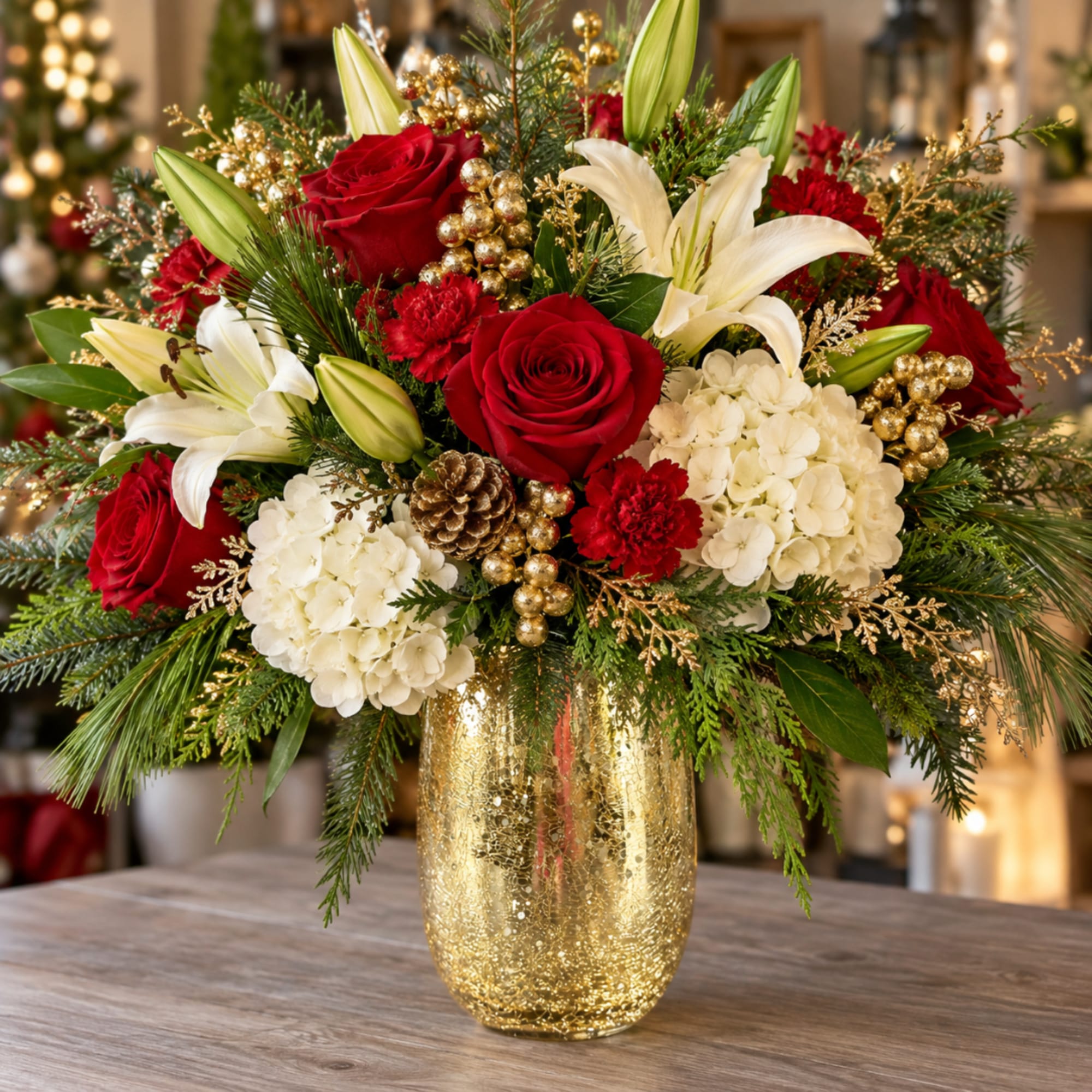 Red roses and white lilies in a gold vase with holiday accents