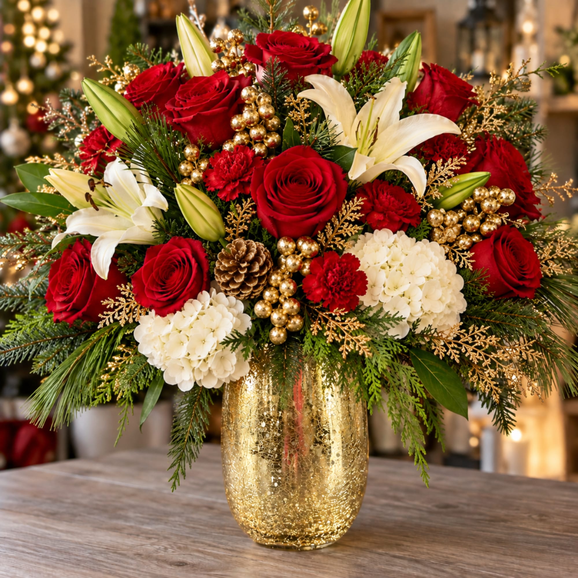 Red roses and white lilies in a gold vase with holiday accents