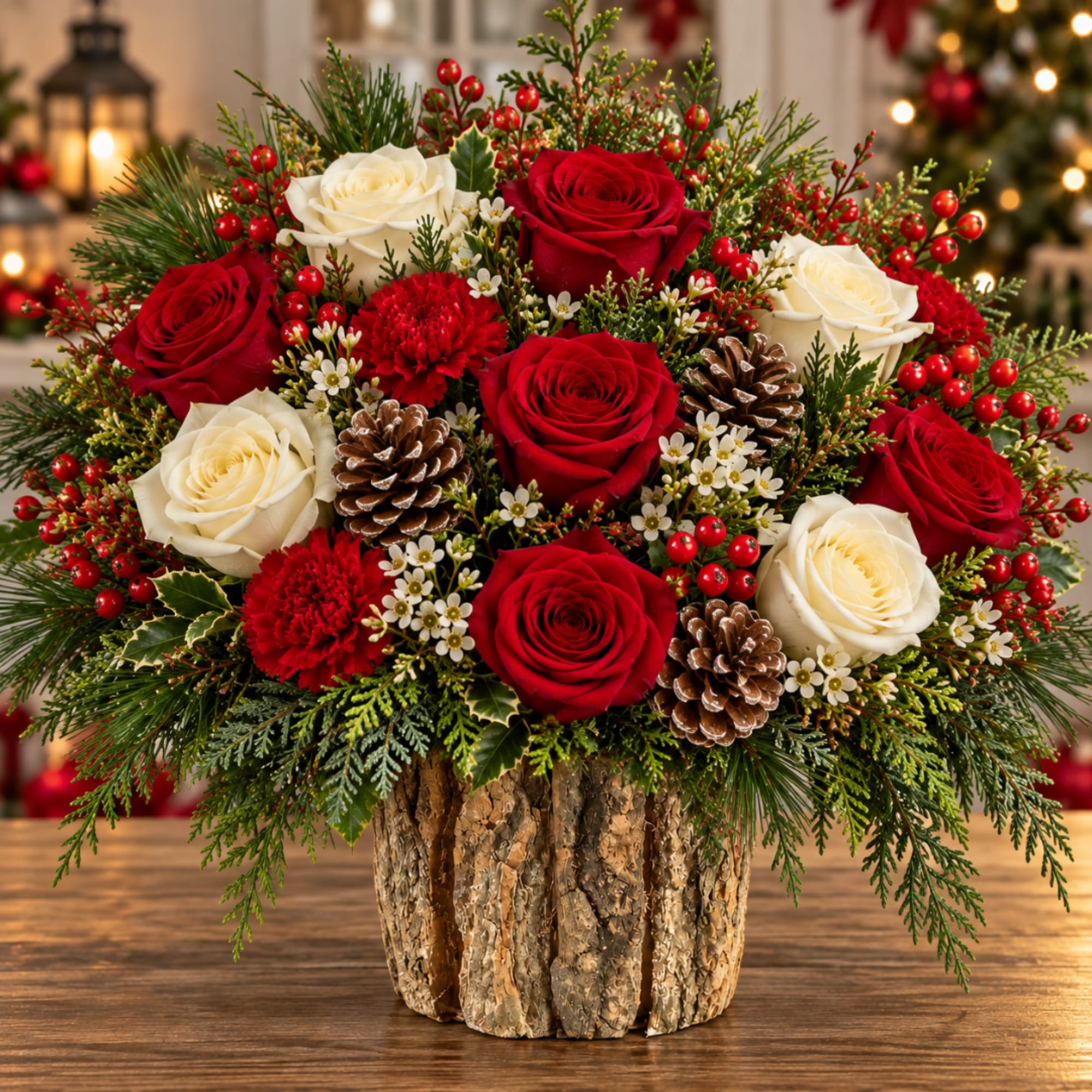 Red and white roses arranged in a bark-covered vase with pinecones