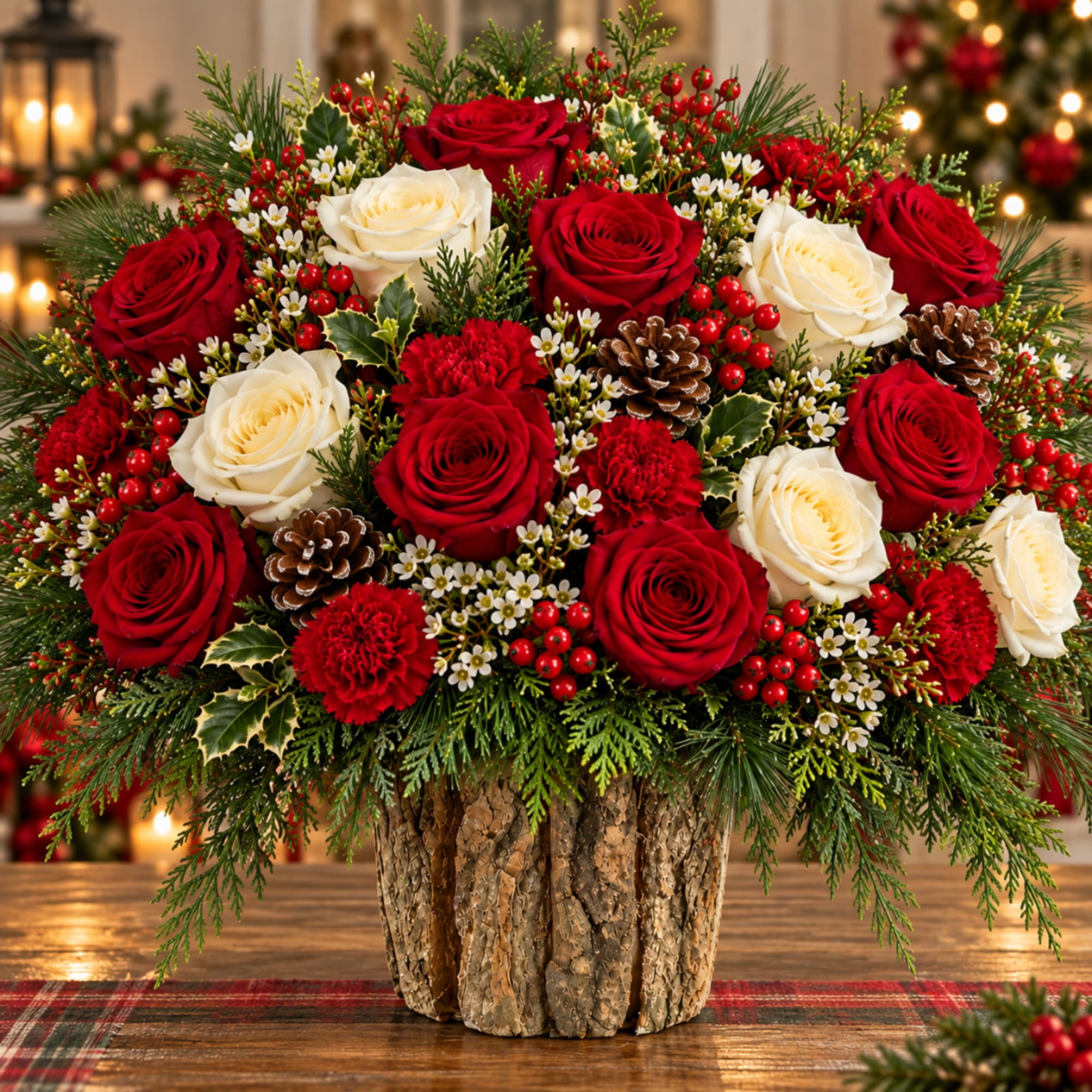 Red and white roses arranged in a rustic bark container