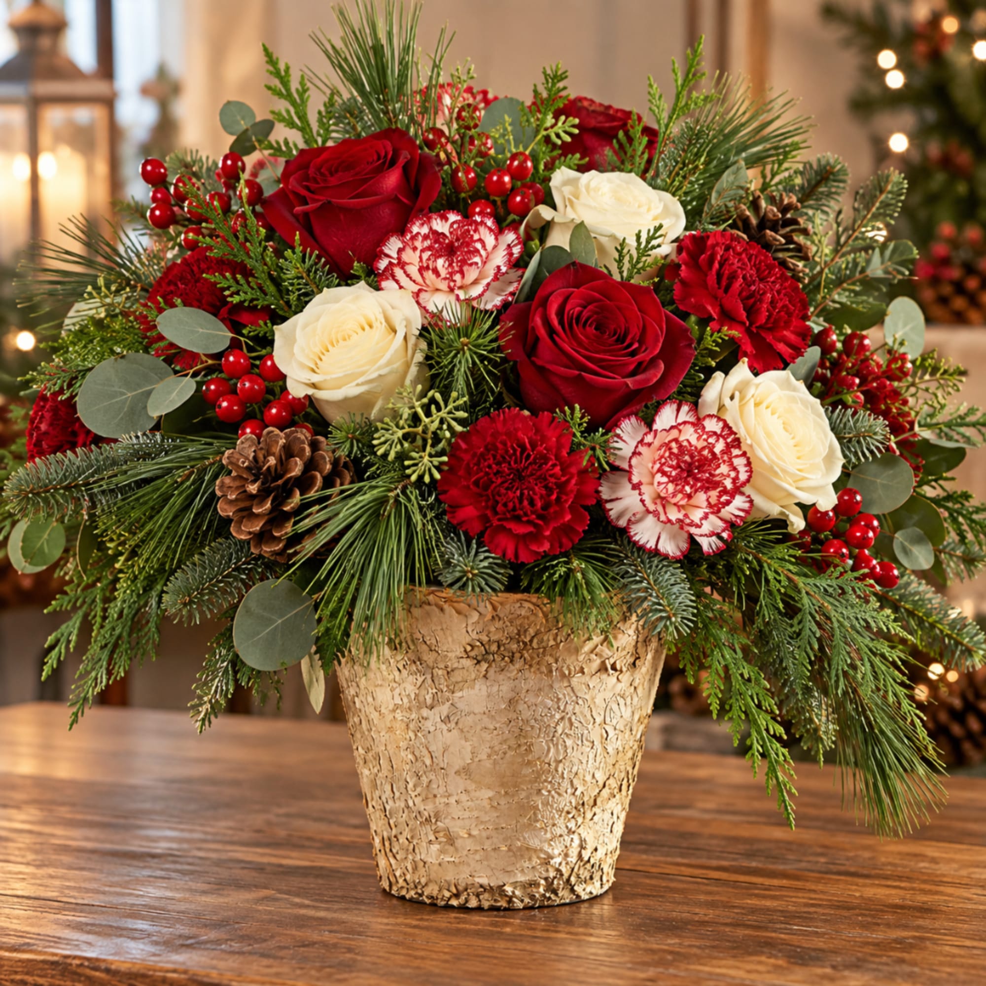 Red and white roses with carnations in a gold vase