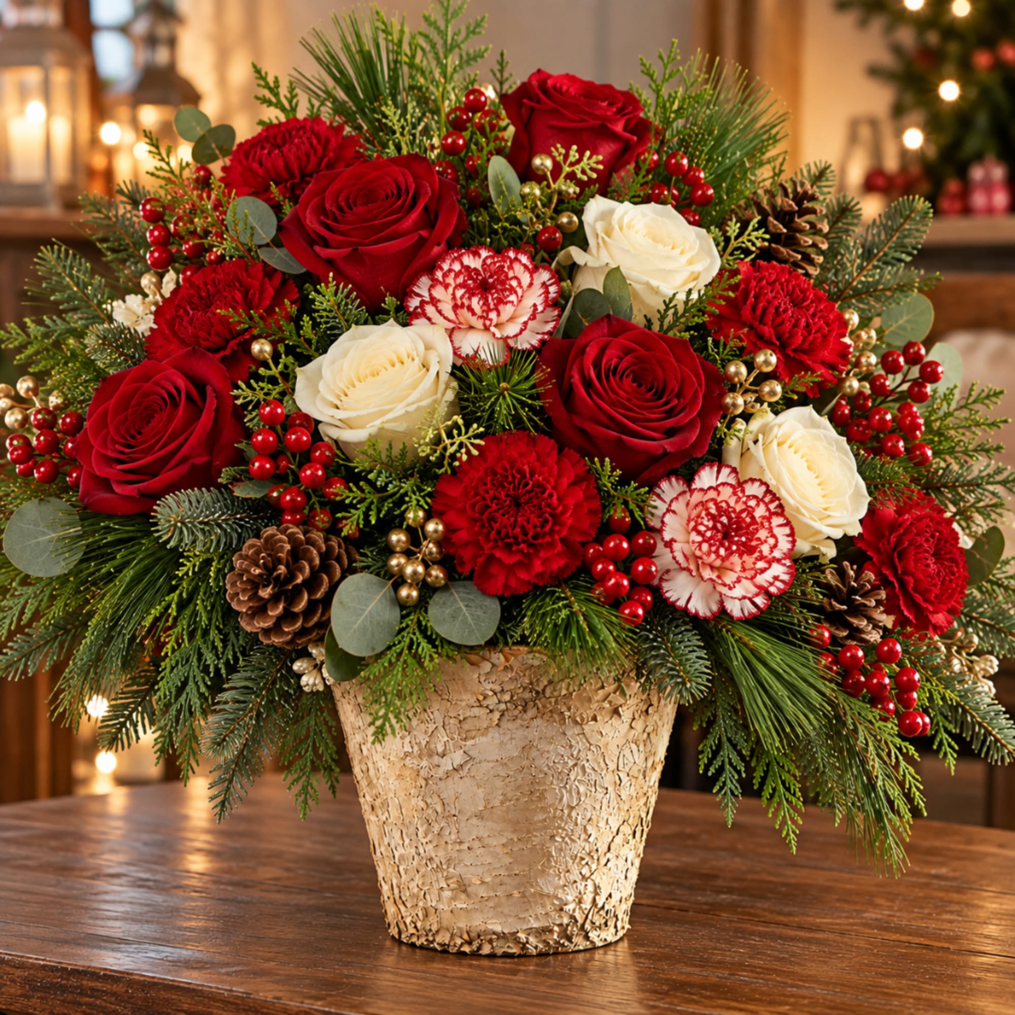 Red and white roses with carnations in a textured gold vase