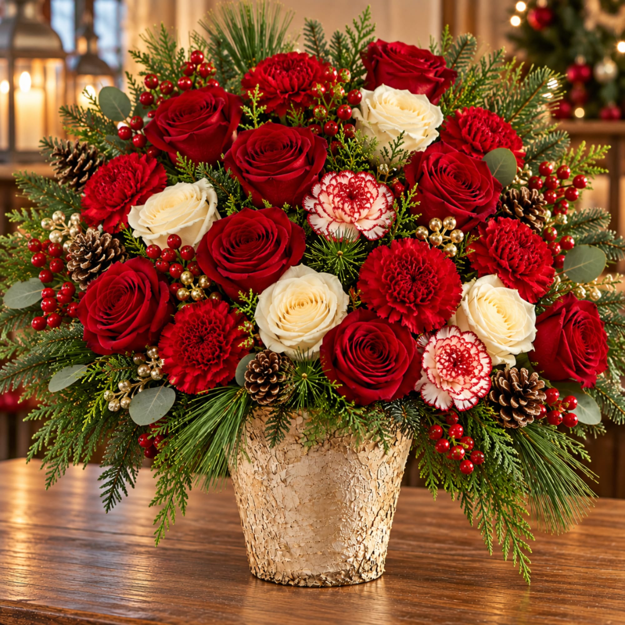 Red and white roses with carnations in a textured vase