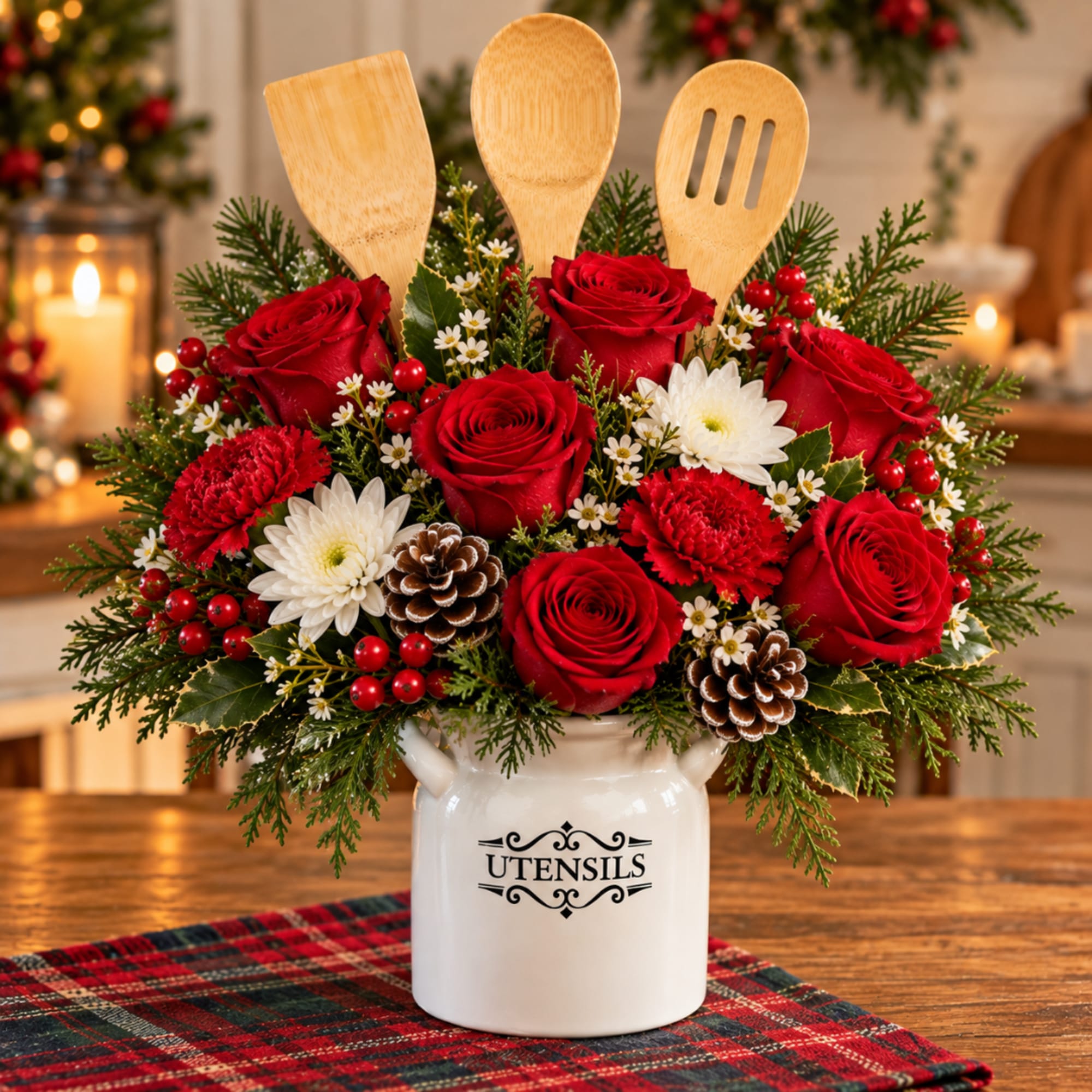 Red roses and white daisies in a white utensil holder with wooden spoons