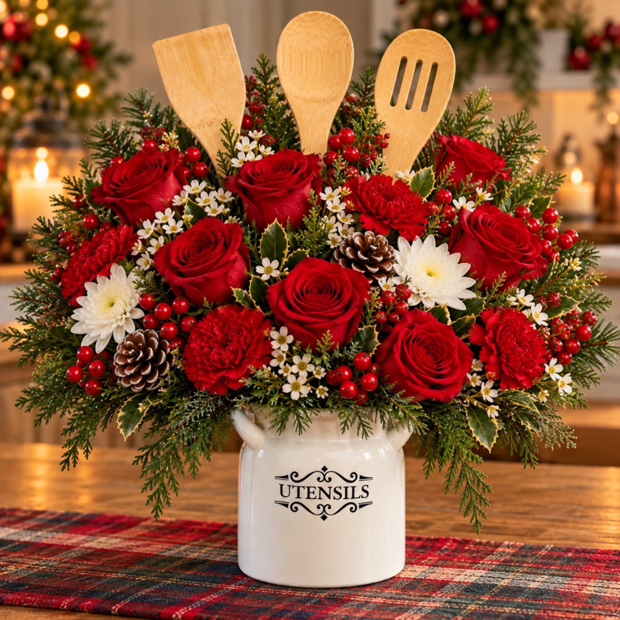 Red roses and holiday flowers in a white utensil crock with wooden spoons