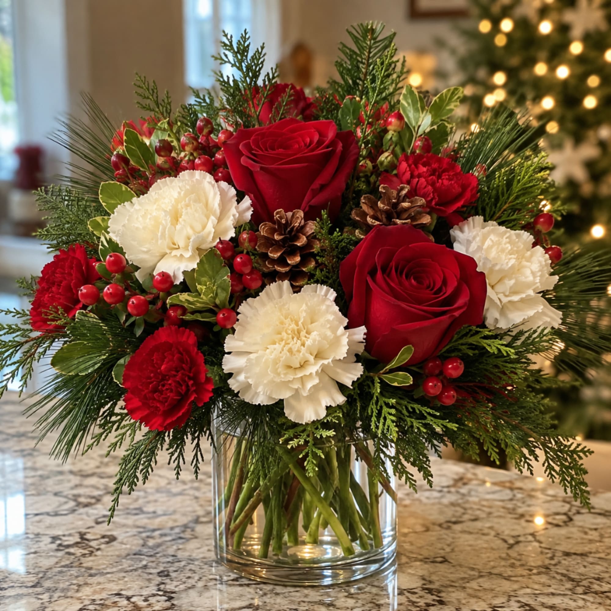 Red roses and white carnations in a glass vase with pinecones and berries