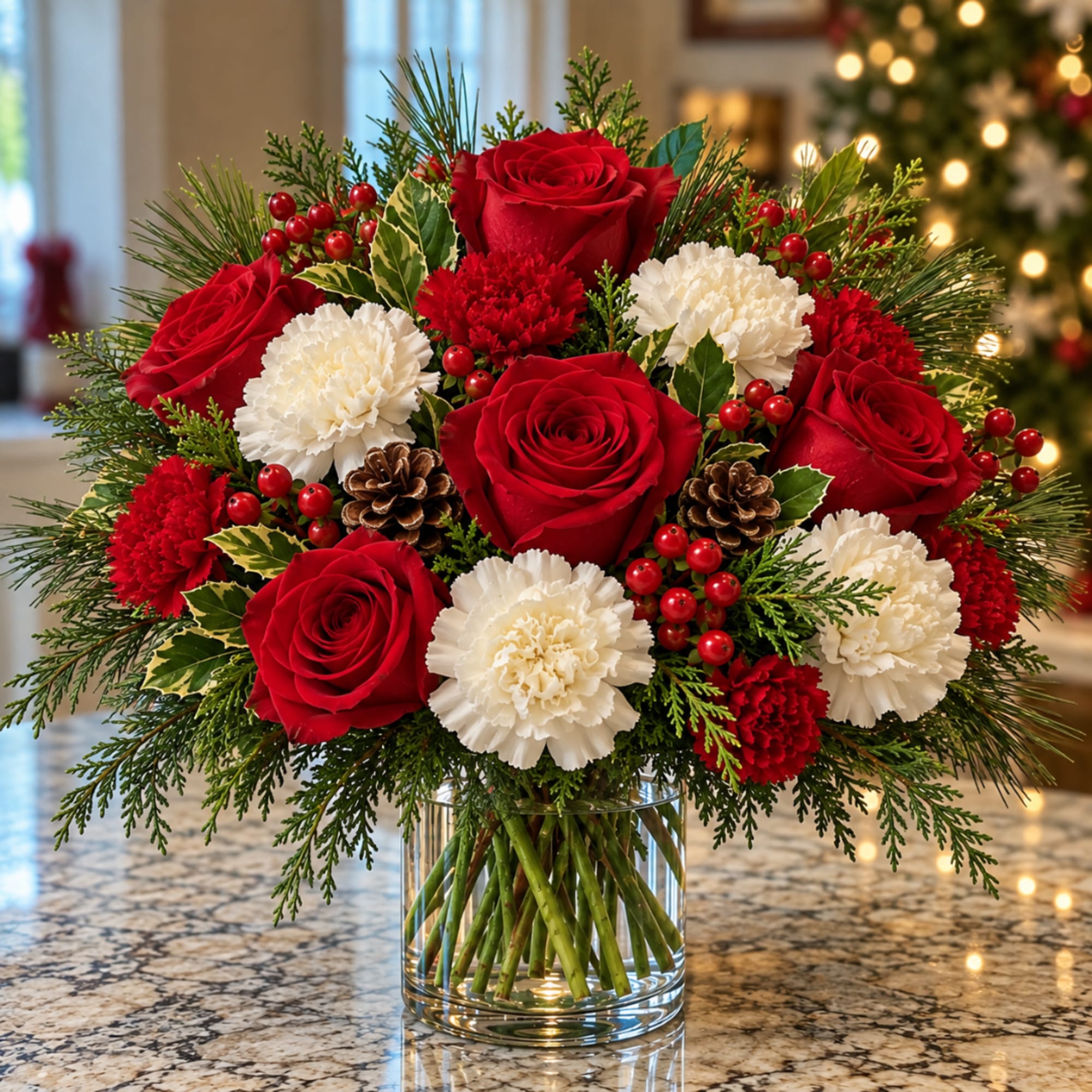 Red roses and white carnations in a clear glass vase with pinecones
